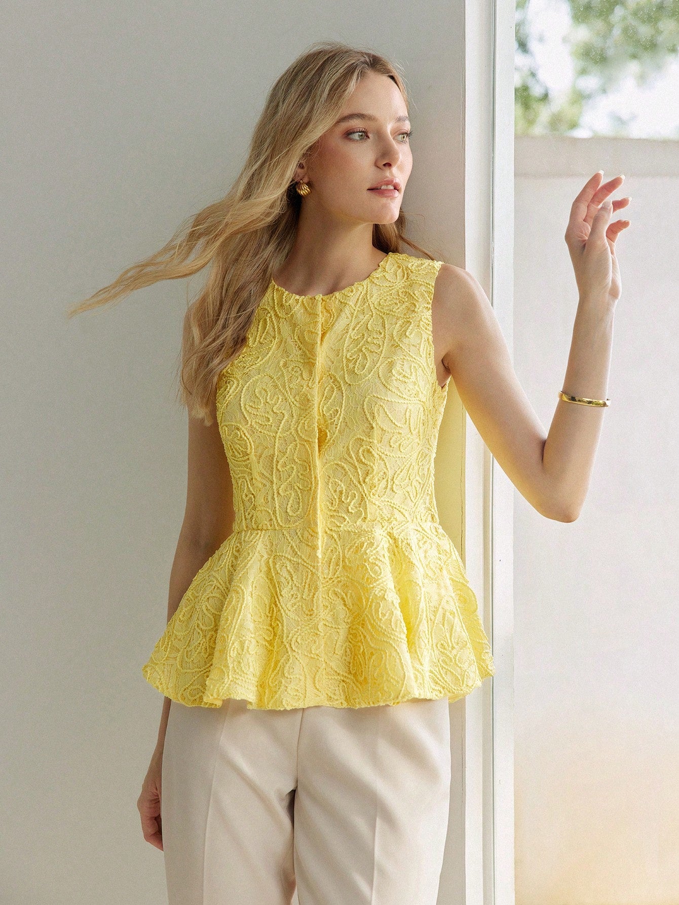 CM-TS600252 Women Elegant Seoul Style Round Neck Button Front Peplum Sleeveless Blouse - Yellow