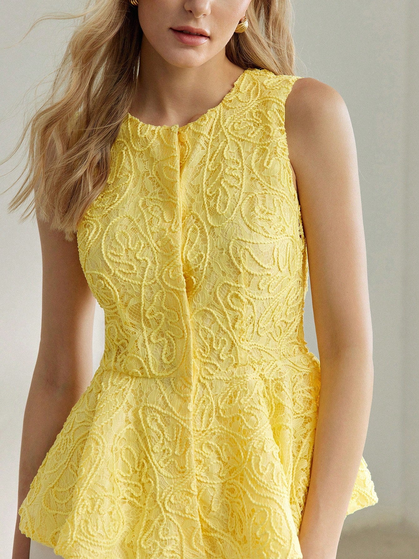 CM-TS600252 Women Elegant Seoul Style Round Neck Button Front Peplum Sleeveless Blouse - Yellow