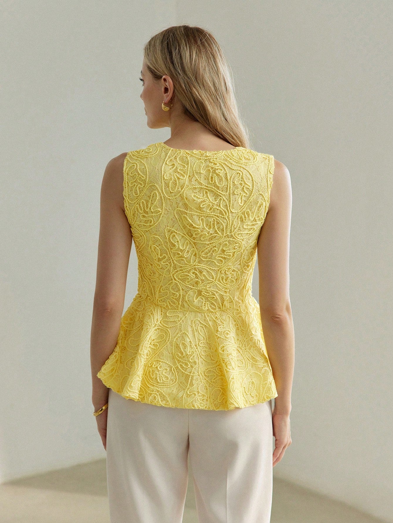 CM-TS600252 Women Elegant Seoul Style Round Neck Button Front Peplum Sleeveless Blouse - Yellow