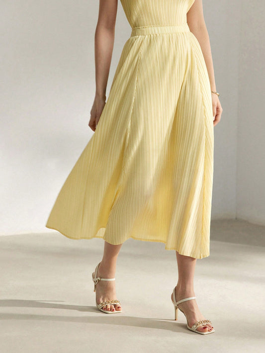 CM-BS333023 Women Elegant Seoul Style Solid Elastic Waist Plisse Midi Skirt - Yellow