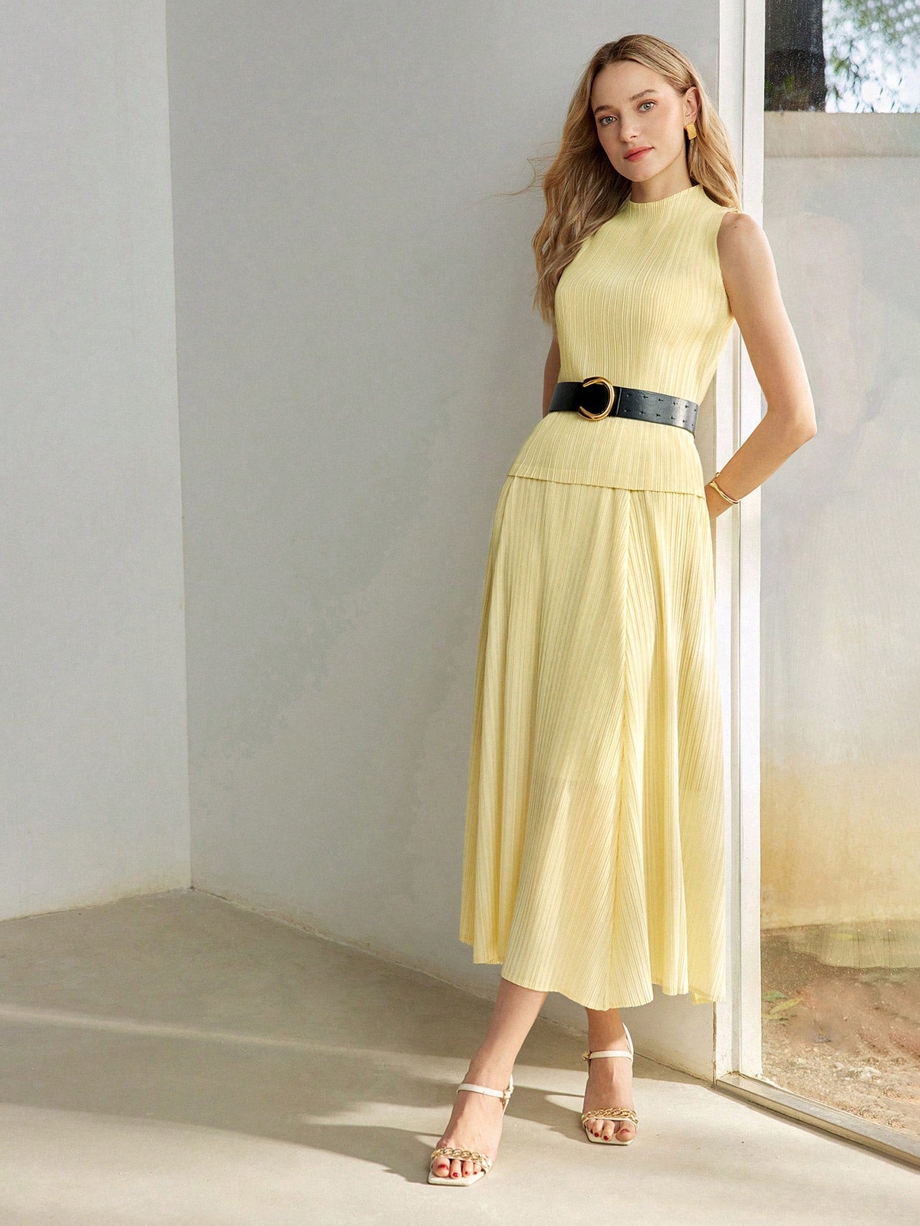 CM-BS333023 Women Elegant Seoul Style Solid Elastic Waist Plisse Midi Skirt - Yellow