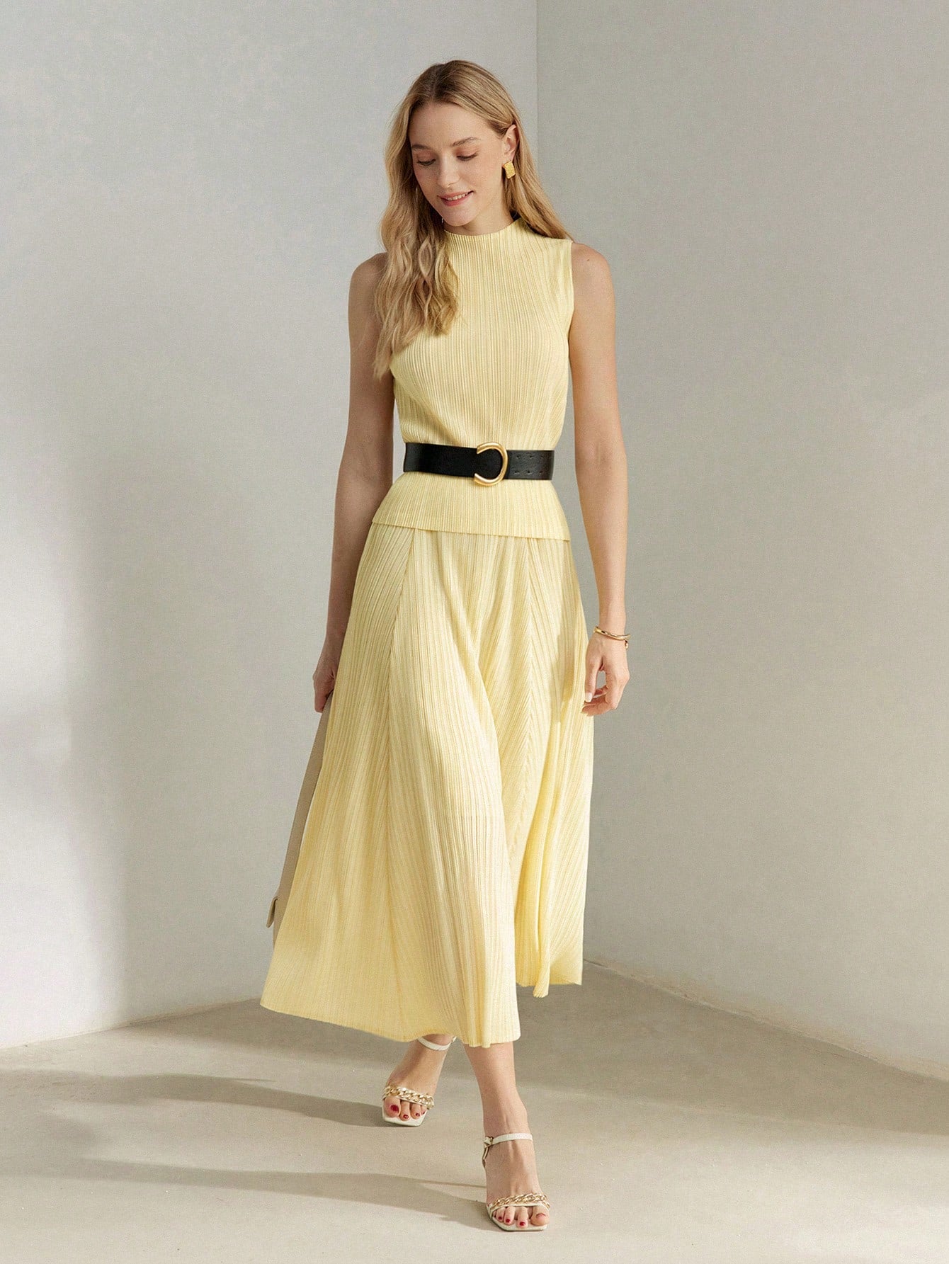 CM-BS333023 Women Elegant Seoul Style Solid Elastic Waist Plisse Midi Skirt - Yellow