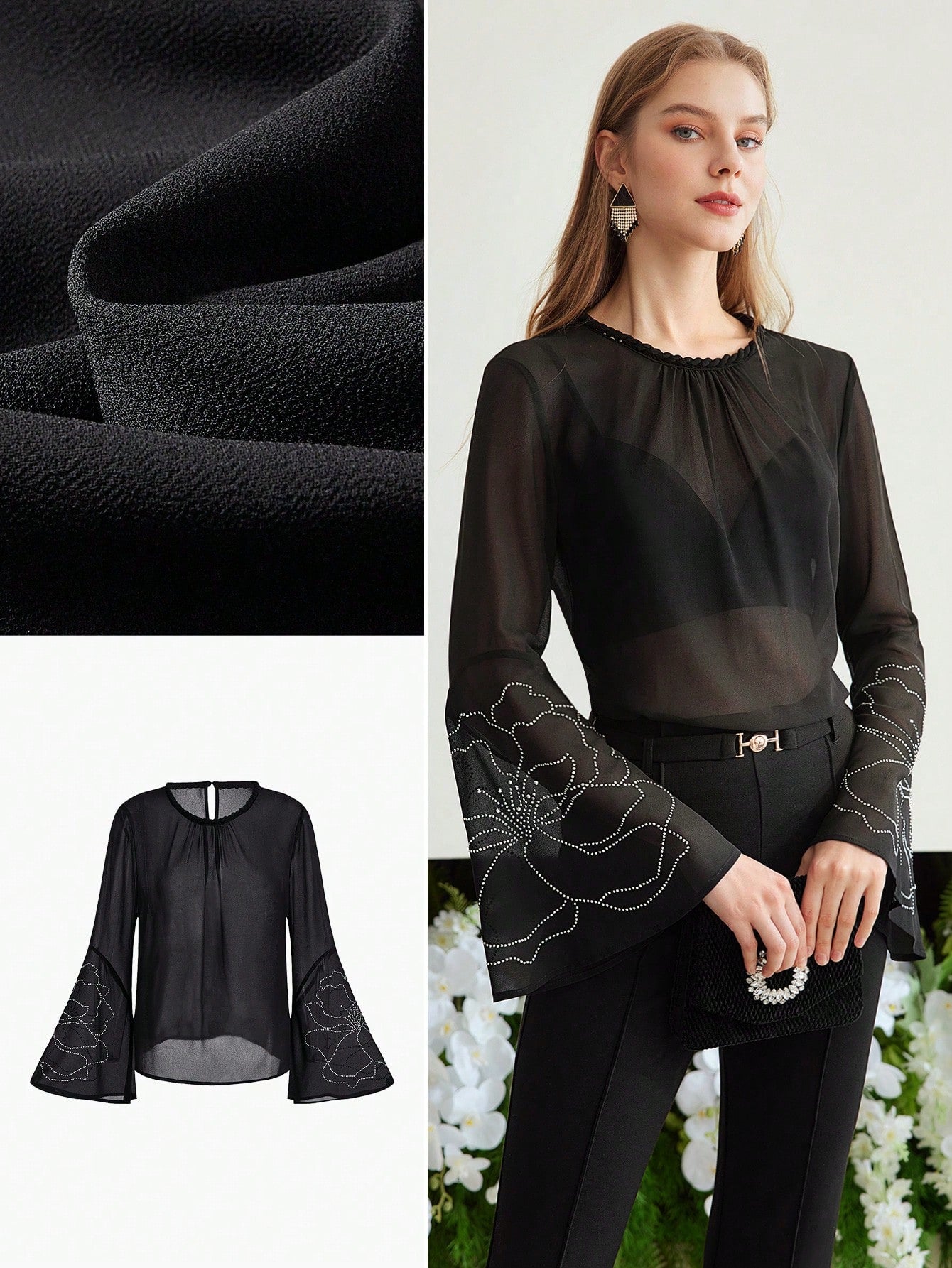 CM-TS182279 Women Elegant Seoul Style Rhinestone Detail Round Neck Long Sleeve Blouse - Black