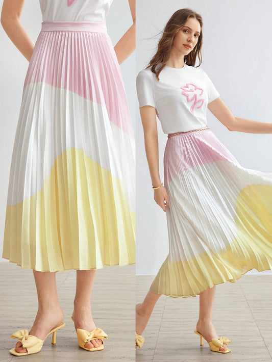 CM-BS959272 Women Elegant Seoul Style Colorblock Pleated Midi Skirt