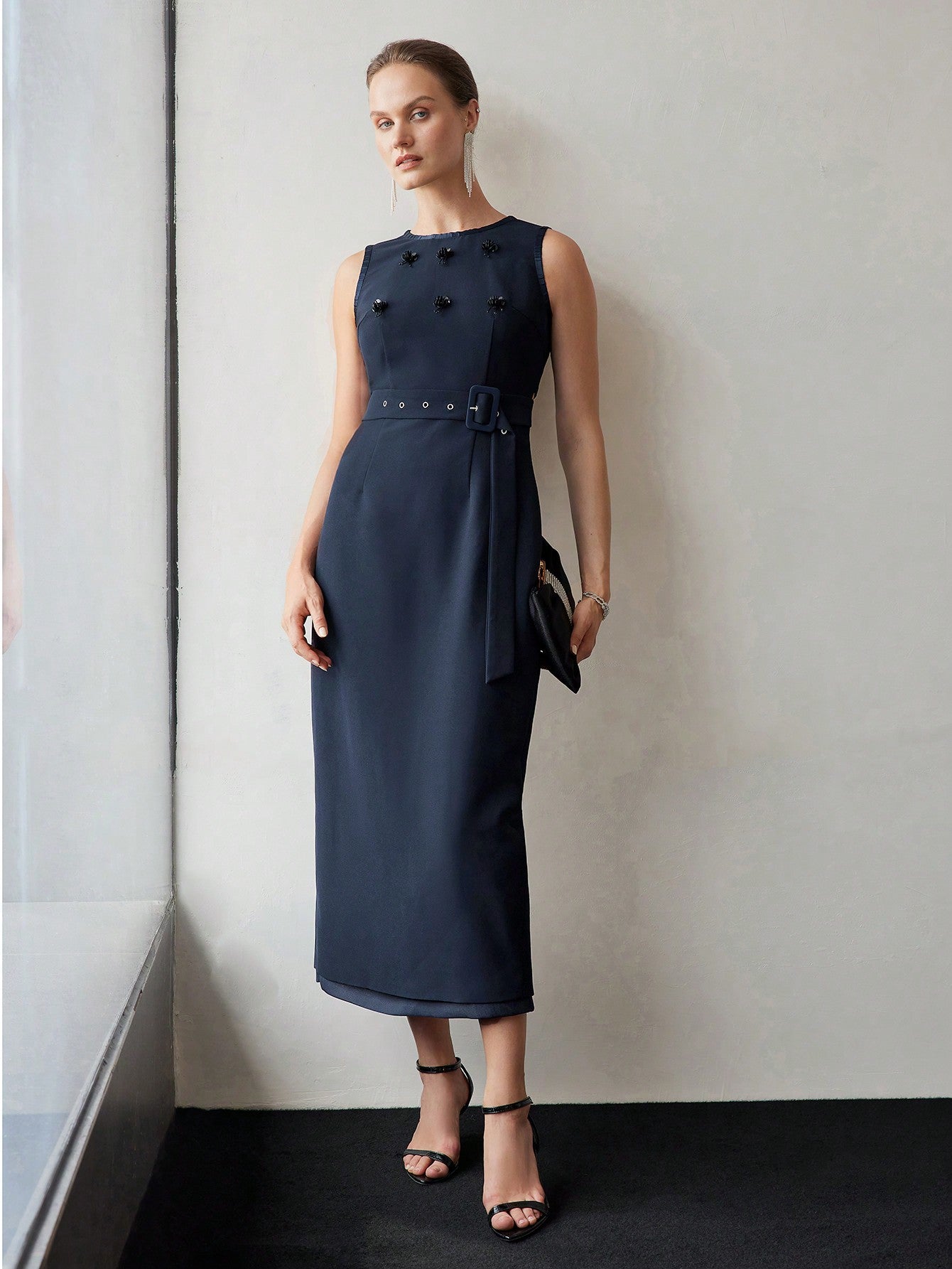 CM-DS735959 Women Elegant Seoul Style Contrast Sequin Detail Cutout Waist Split Back Buckle Belted Dress