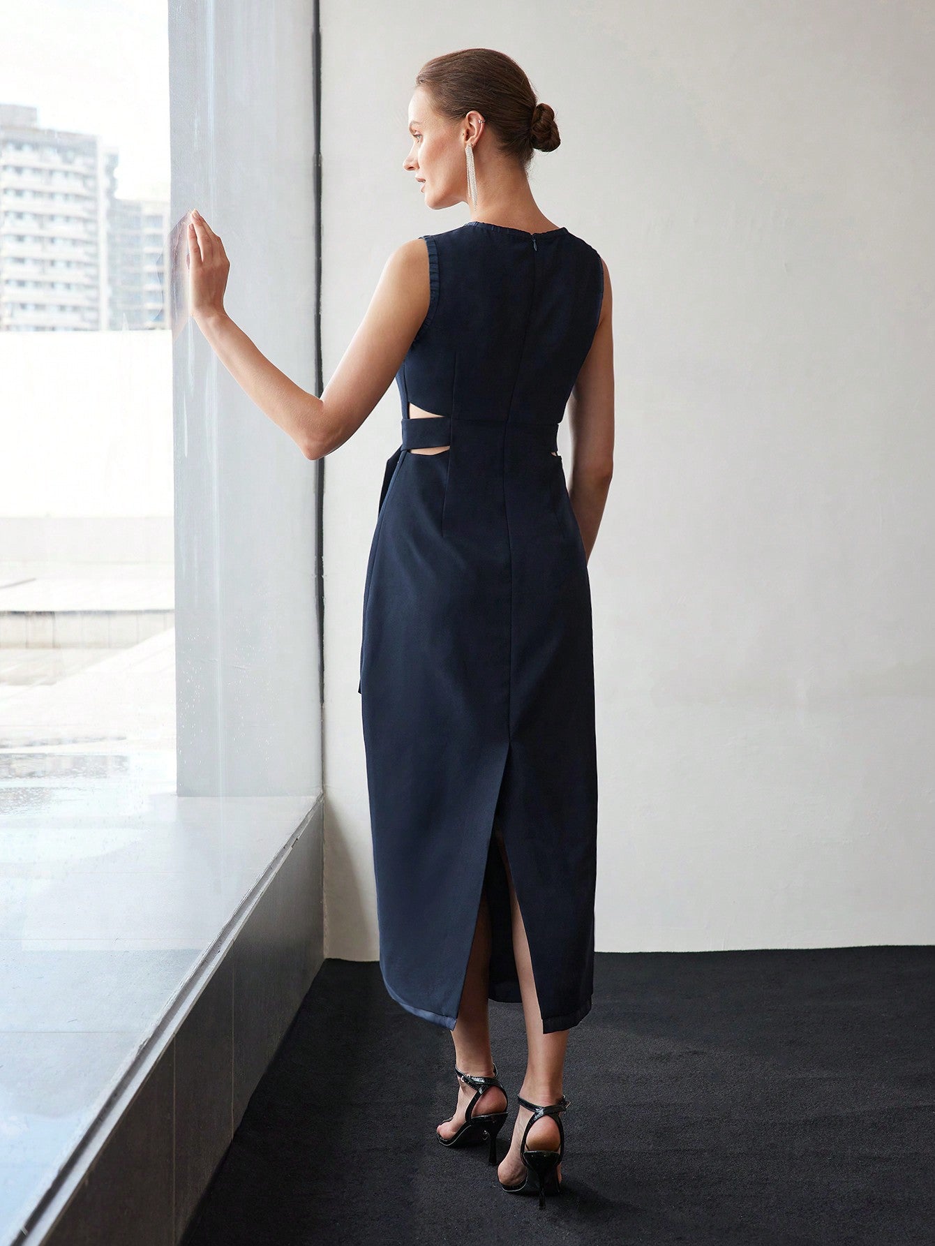 CM-DS735959 Women Elegant Seoul Style Contrast Sequin Detail Cutout Waist Split Back Buckle Belted Dress