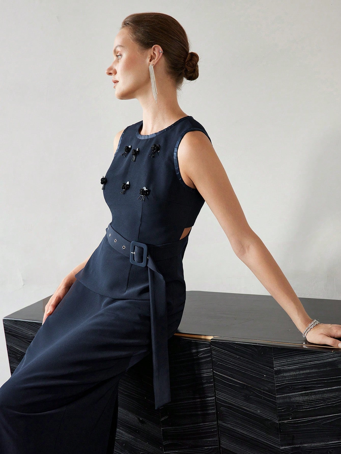 CM-DS735959 Women Elegant Seoul Style Contrast Sequin Detail Cutout Waist Split Back Buckle Belted Dress