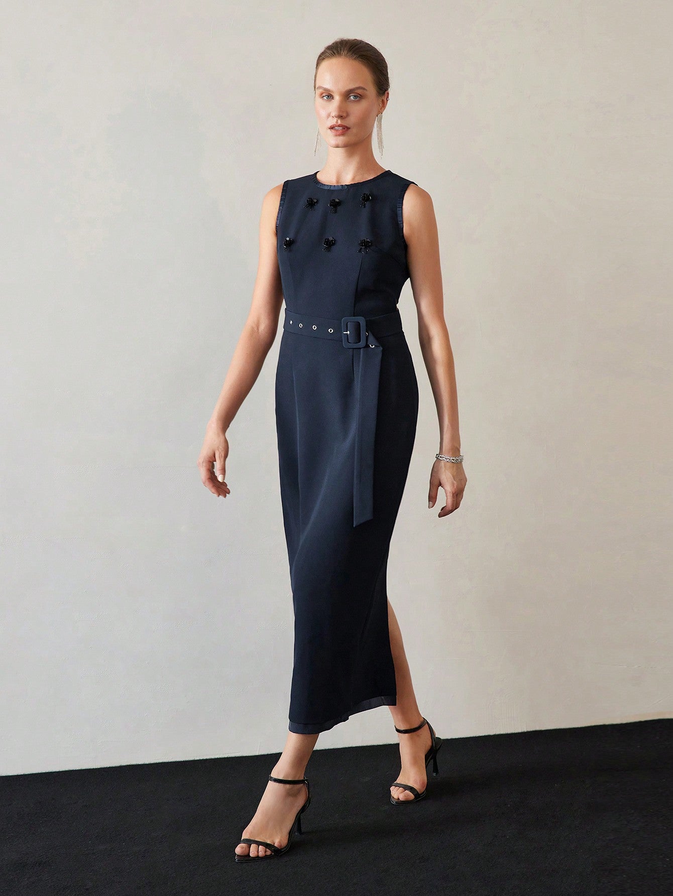 CM-DS735959 Women Elegant Seoul Style Contrast Sequin Detail Cutout Waist Split Back Buckle Belted Dress