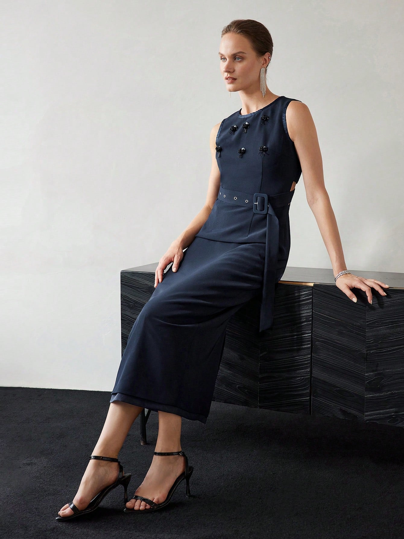 CM-DS735959 Women Elegant Seoul Style Contrast Sequin Detail Cutout Waist Split Back Buckle Belted Dress