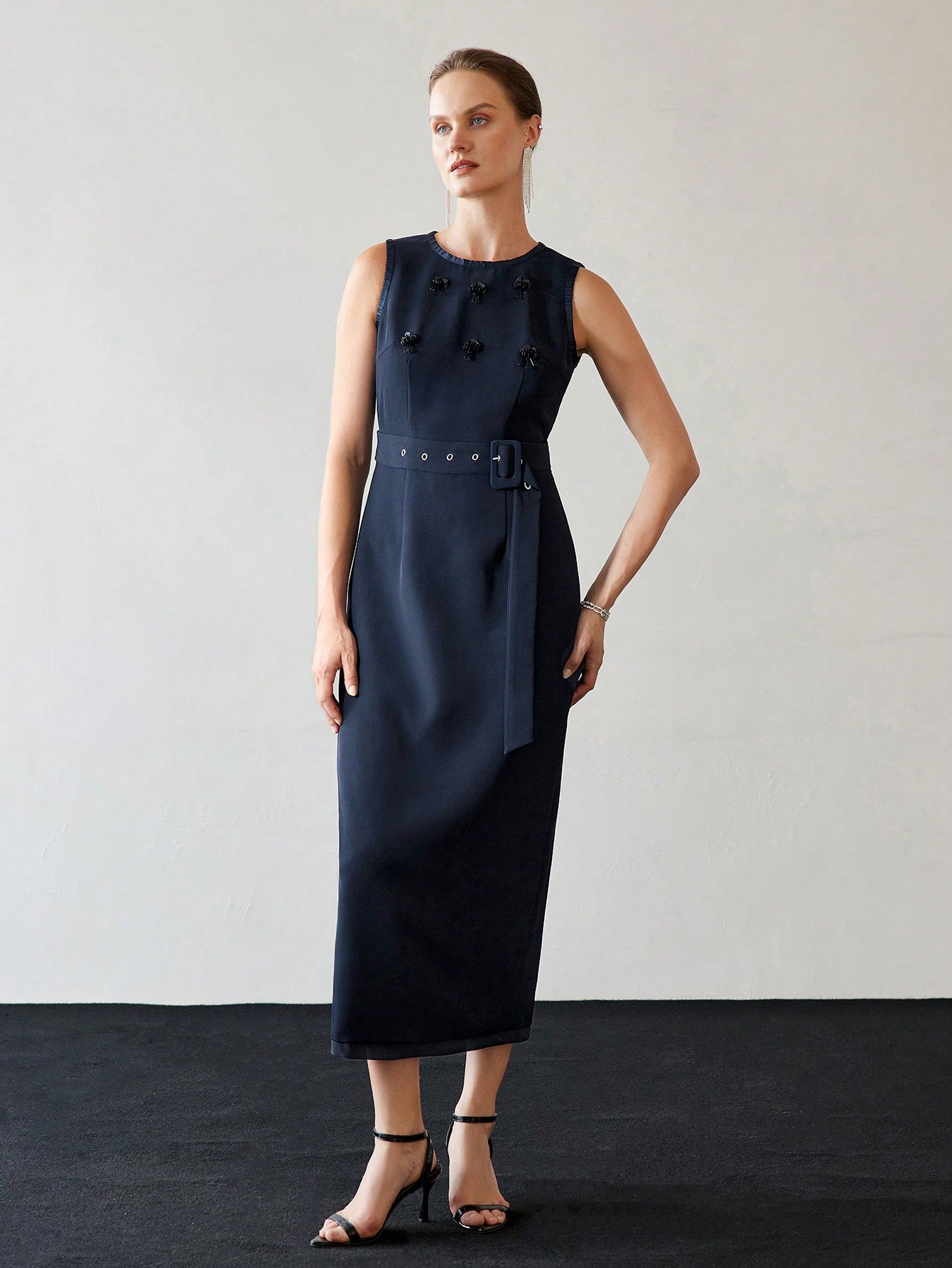 CM-DS735959 Women Elegant Seoul Style Contrast Sequin Detail Cutout Waist Split Back Buckle Belted Dress