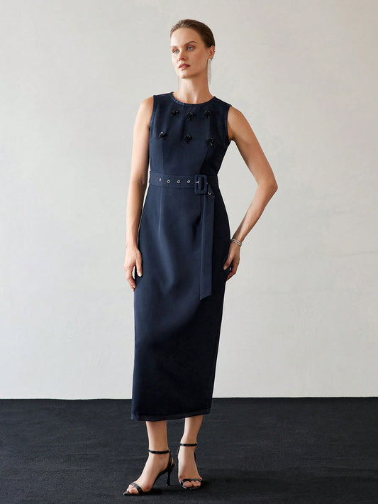 CM-DS735959 Women Elegant Seoul Style Contrast Sequin Detail Cutout Waist Split Back Buckle Belted Dress