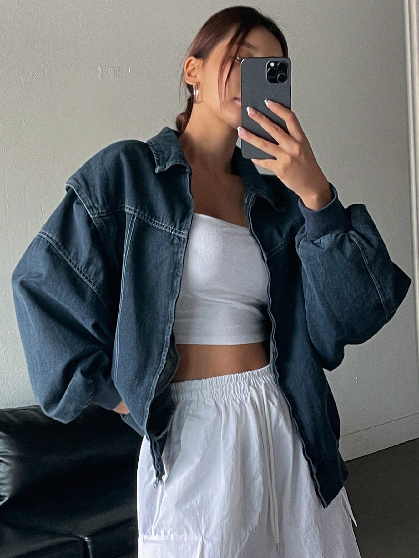 CM-CS077266 Women Casual Seoul Style Collar Neckline Loose Fit Dropped Shoulder Long Sleeve Denim Jacket - Blue