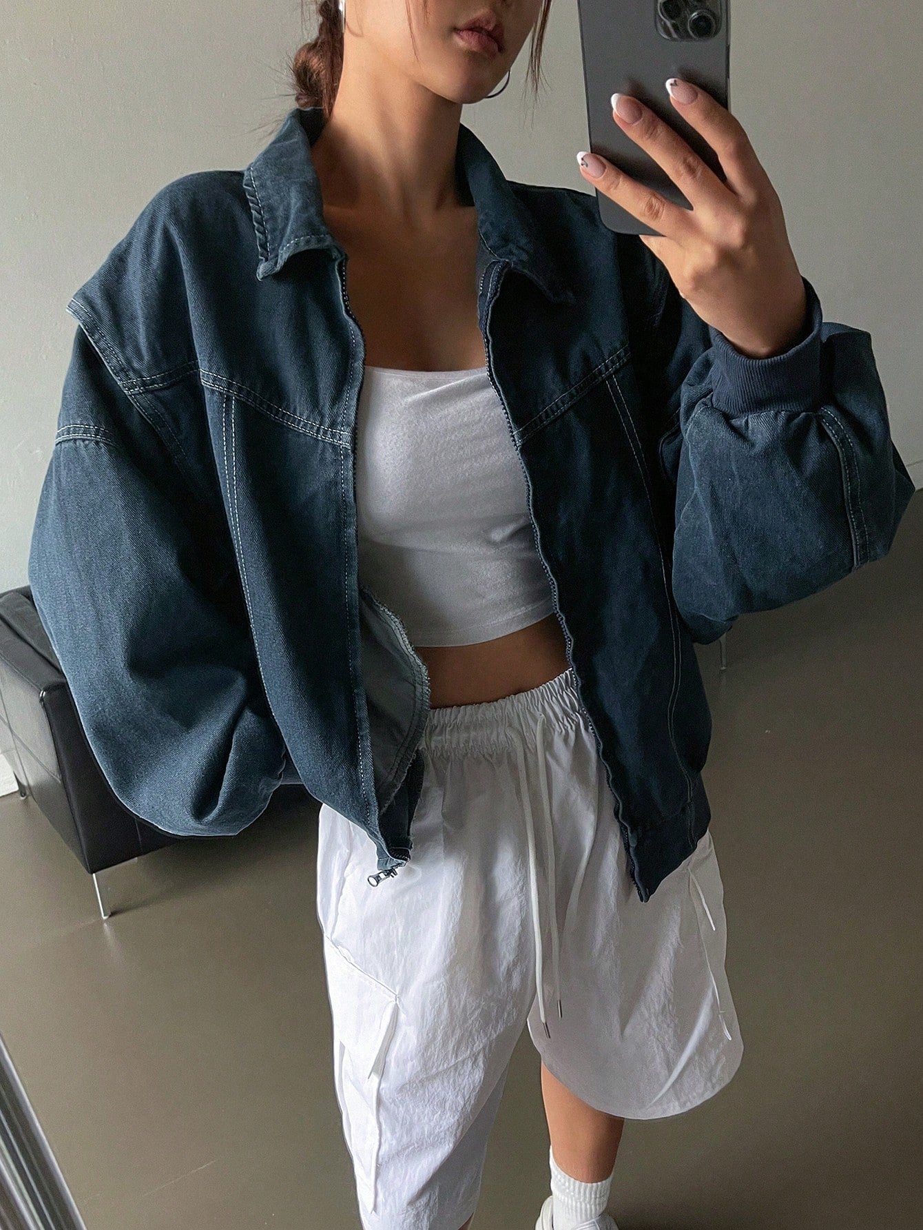 CM-CS077266 Women Casual Seoul Style Collar Neckline Loose Fit Dropped Shoulder Long Sleeve Denim Jacket - Blue