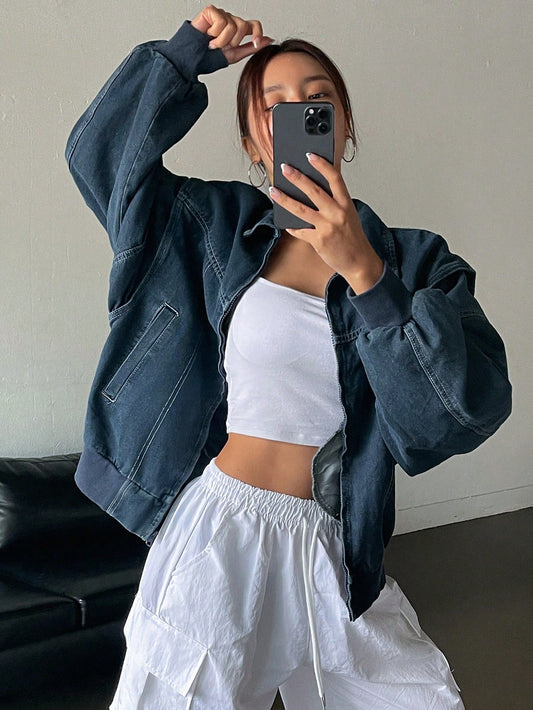 CM-CS077266 Women Casual Seoul Style Collar Neckline Loose Fit Dropped Shoulder Long Sleeve Denim Jacket - Blue