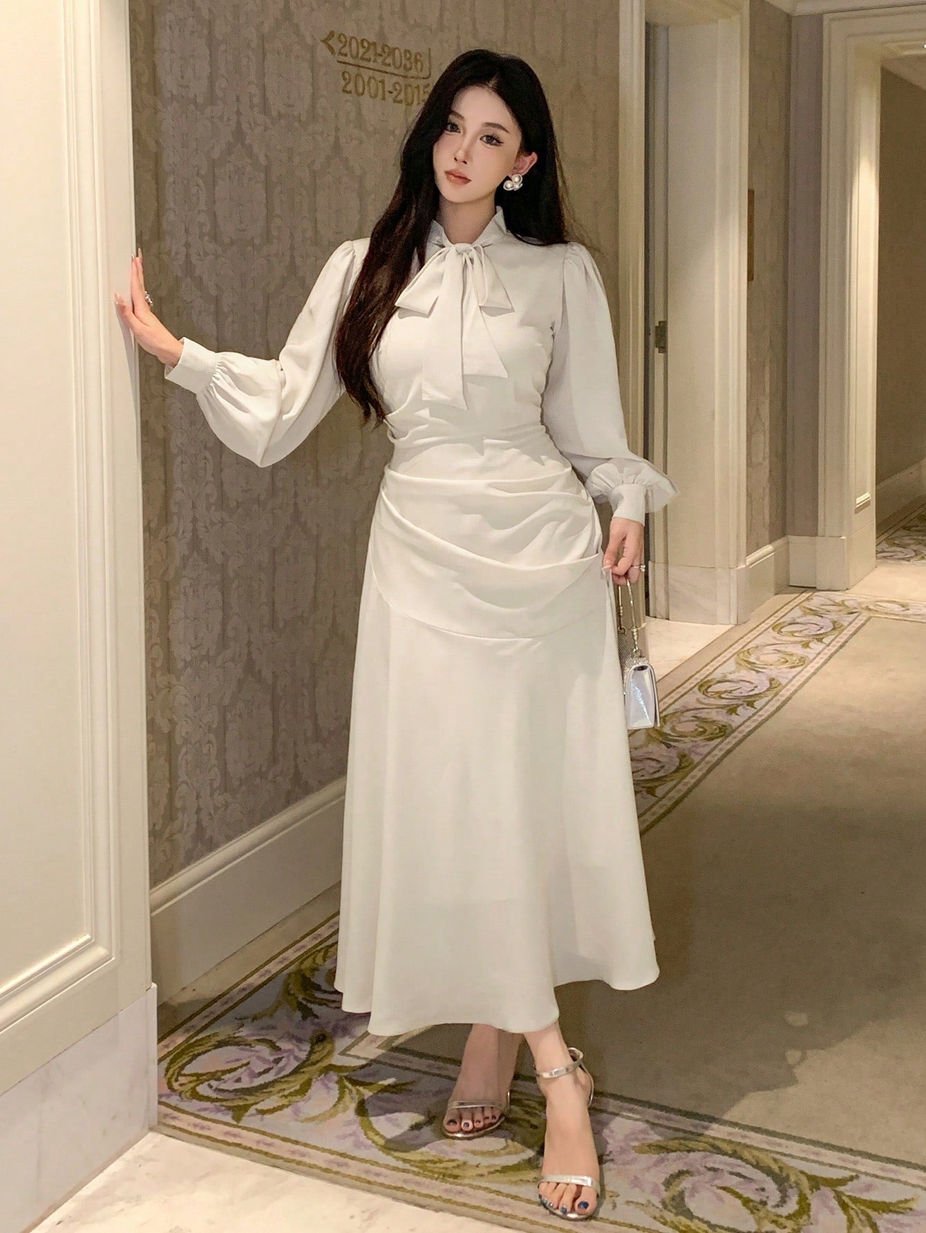 CM-DS314268 Women Elegant Seoul Style Tie Neck Lantern Sleeve Maxi Pleated Dress - Beige
