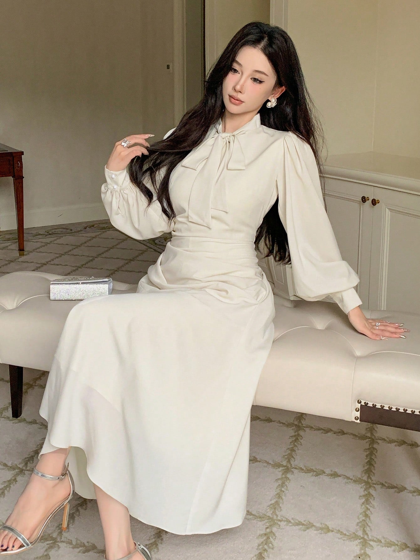 CM-DS314268 Women Elegant Seoul Style Tie Neck Lantern Sleeve Maxi Pleated Dress - Beige