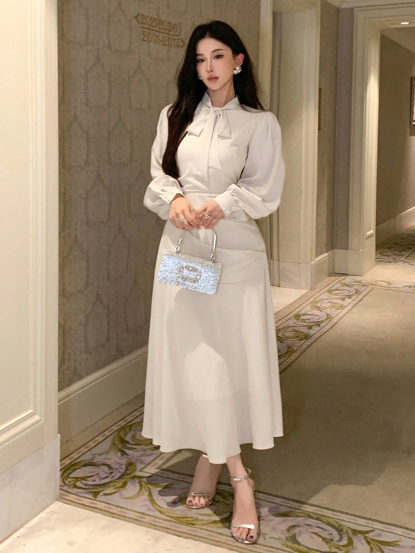 CM-DS314268 Women Elegant Seoul Style Tie Neck Lantern Sleeve Maxi Pleated Dress - Beige