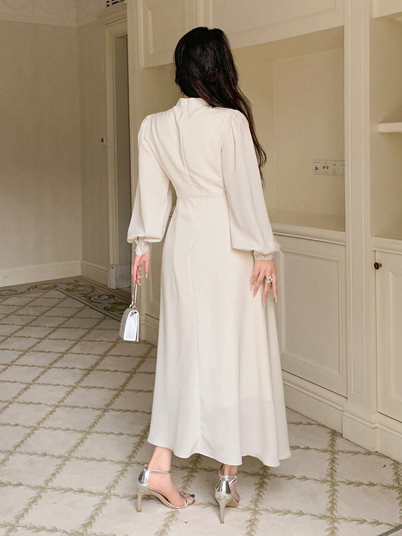 CM-DS314268 Women Elegant Seoul Style Tie Neck Lantern Sleeve Maxi Pleated Dress - Beige