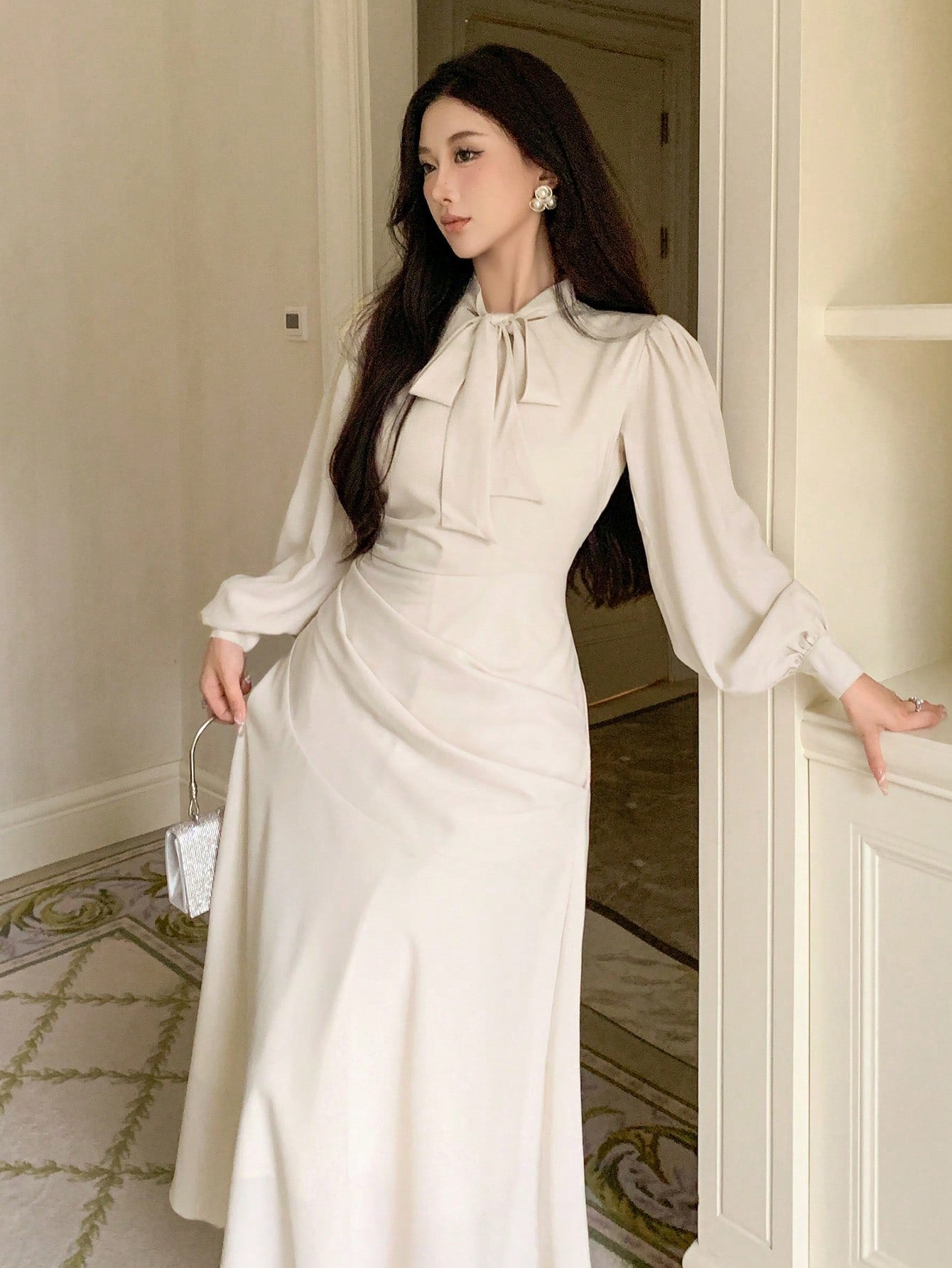 CM-DS314268 Women Elegant Seoul Style Tie Neck Lantern Sleeve Maxi Pleated Dress - Beige