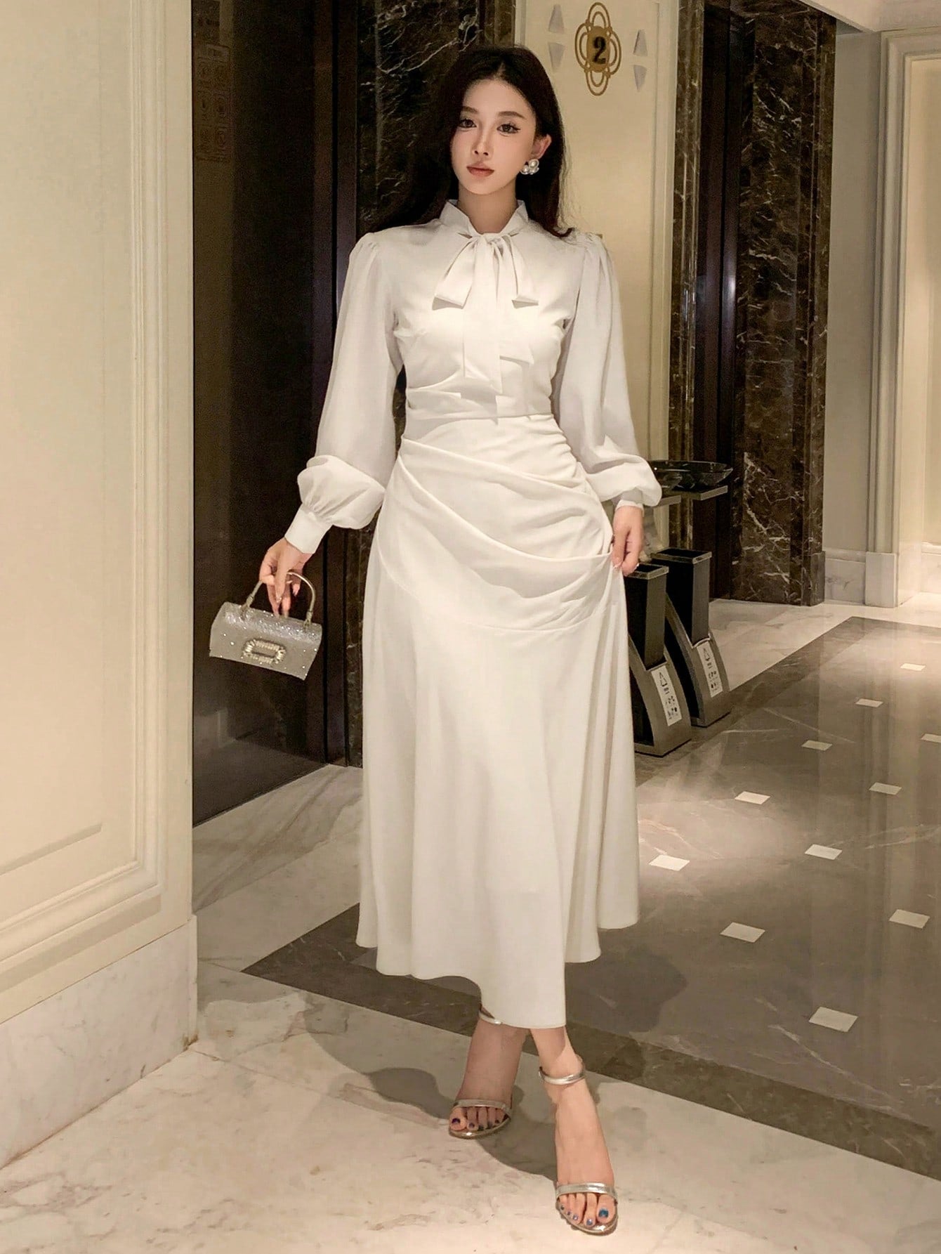CM-DS314268 Women Elegant Seoul Style Tie Neck Lantern Sleeve Maxi Pleated Dress - Beige