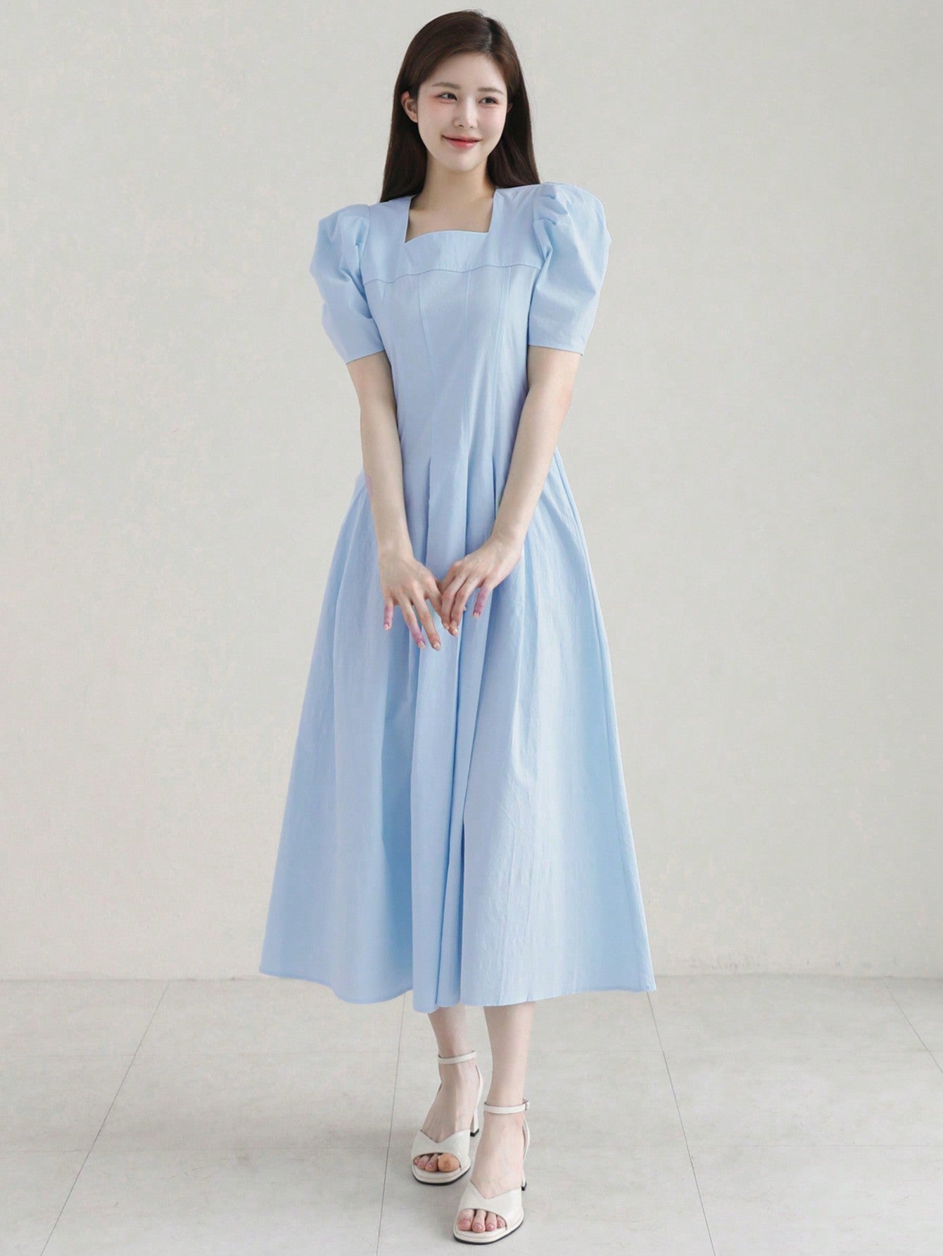 CM-DS061999 Women Elegant Seoul Style Solid Color Ruched Puff Sleeve Midi Dress - Blue