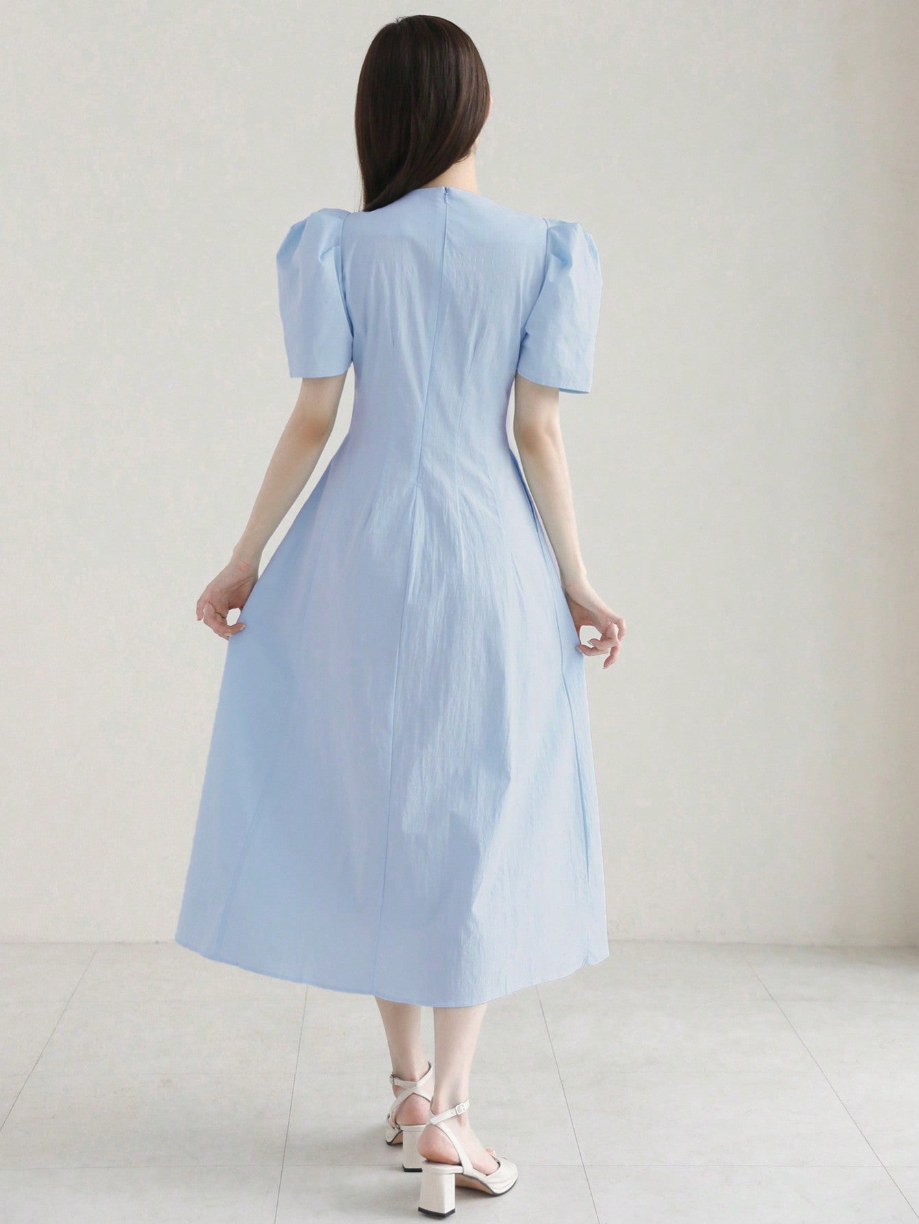 CM-DS061999 Women Elegant Seoul Style Solid Color Ruched Puff Sleeve Midi Dress - Blue
