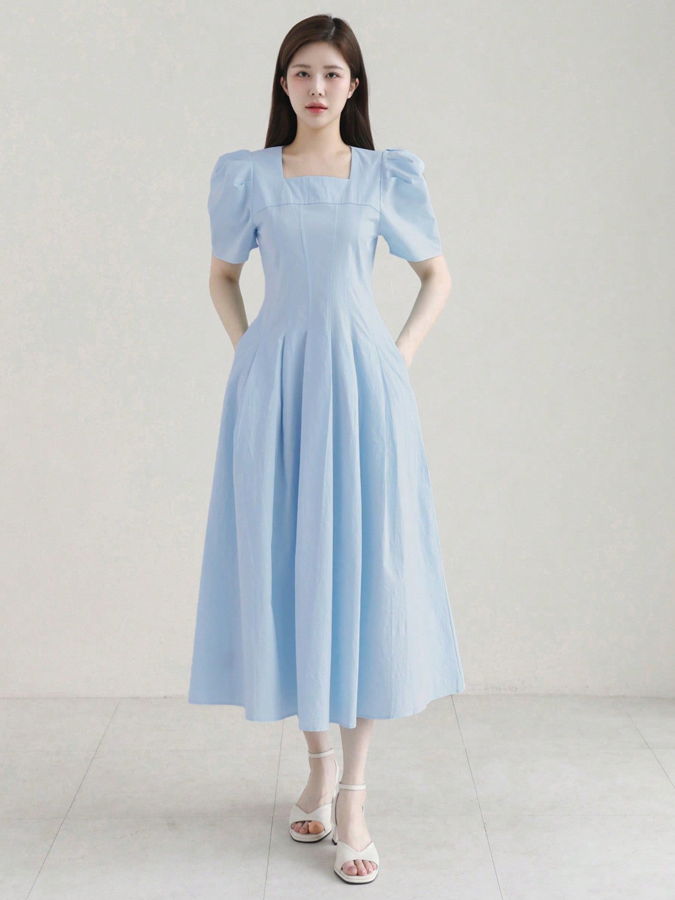 CM-DS061999 Women Elegant Seoul Style Solid Color Ruched Puff Sleeve Midi Dress - Blue