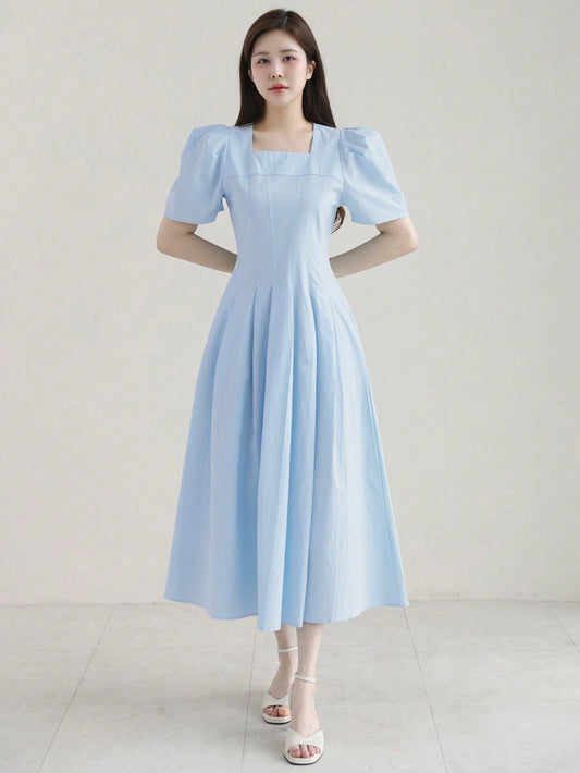 CM-DS061999 Women Elegant Seoul Style Solid Color Ruched Puff Sleeve Midi Dress - Blue