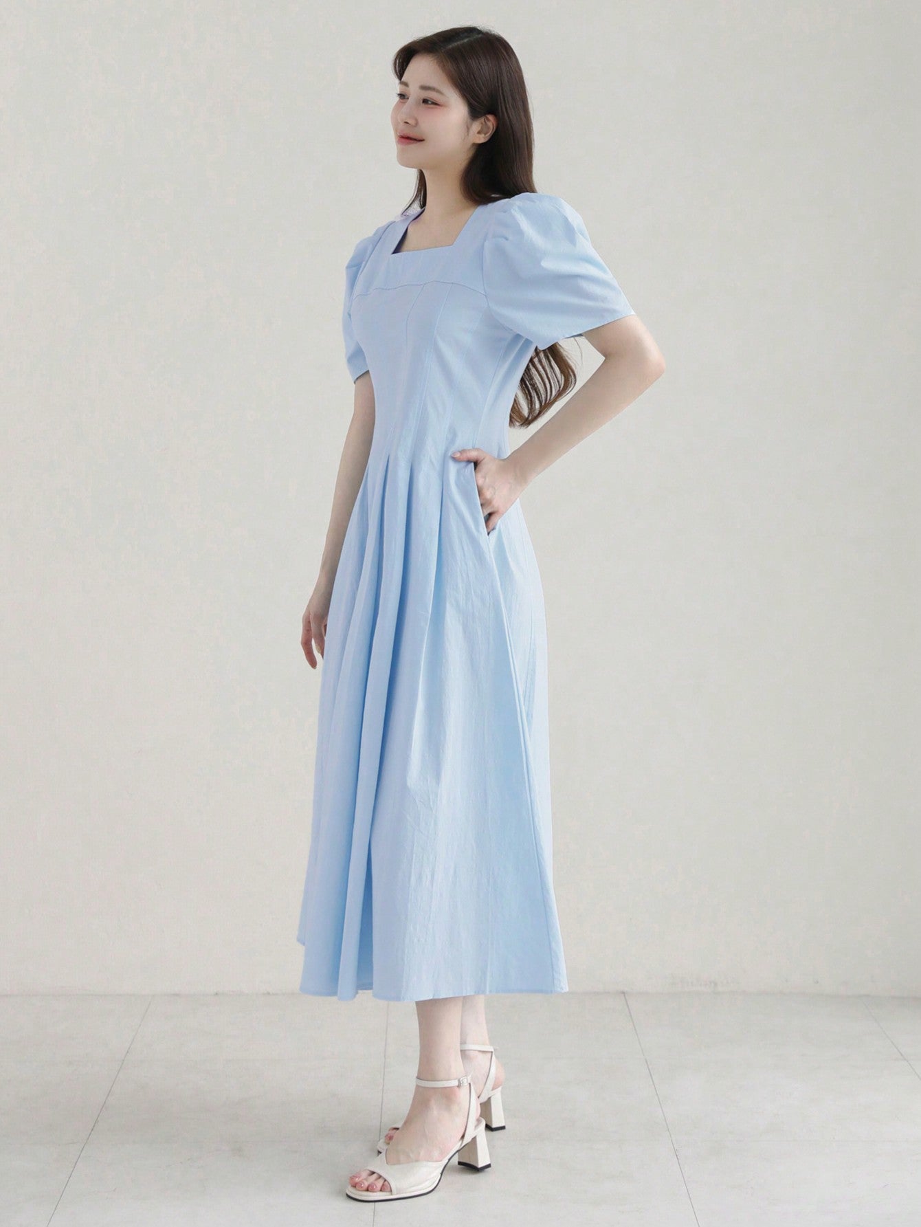 CM-DS061999 Women Elegant Seoul Style Solid Color Ruched Puff Sleeve Midi Dress - Blue