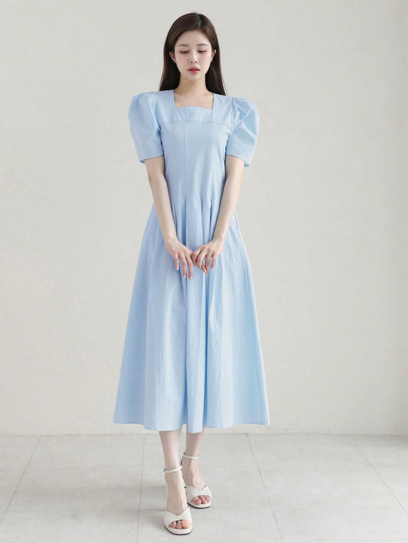 CM-DS061999 Women Elegant Seoul Style Solid Color Ruched Puff Sleeve Midi Dress - Blue