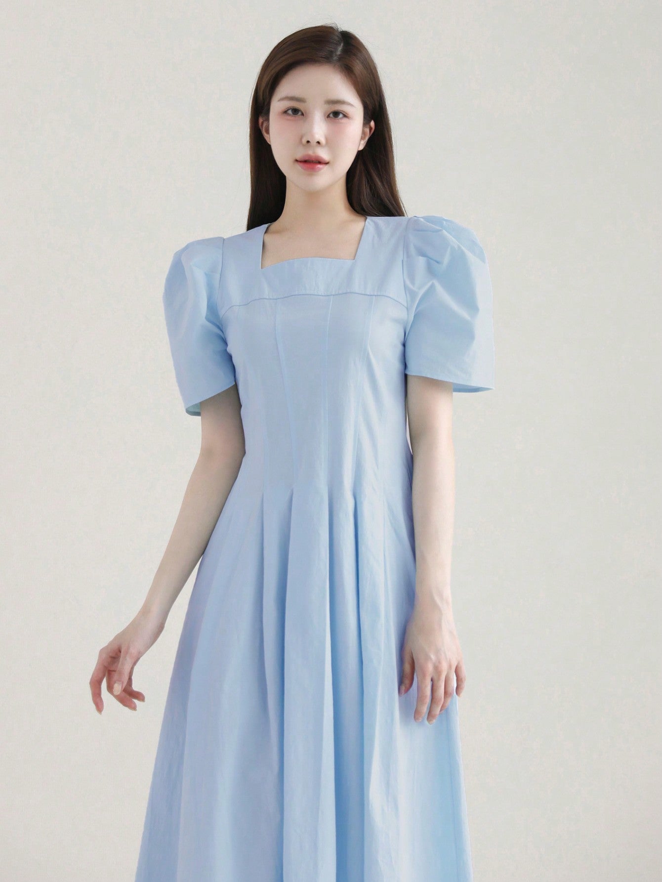 CM-DS061999 Women Elegant Seoul Style Solid Color Ruched Puff Sleeve Midi Dress - Blue