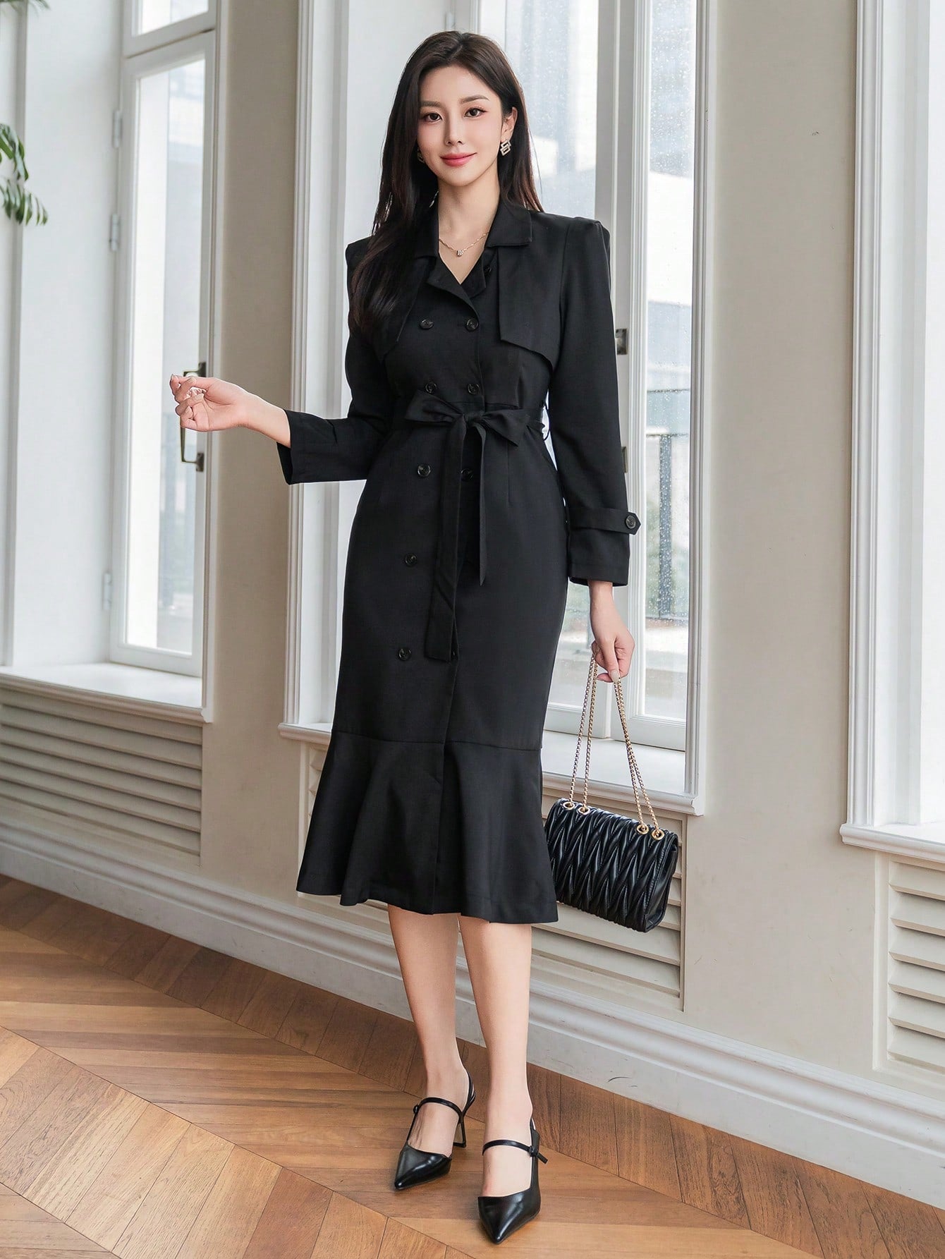 CM-DS555634 Women Elegant Seoul Style Long Sleeve Waist Tie Windbreaker Dress - Black