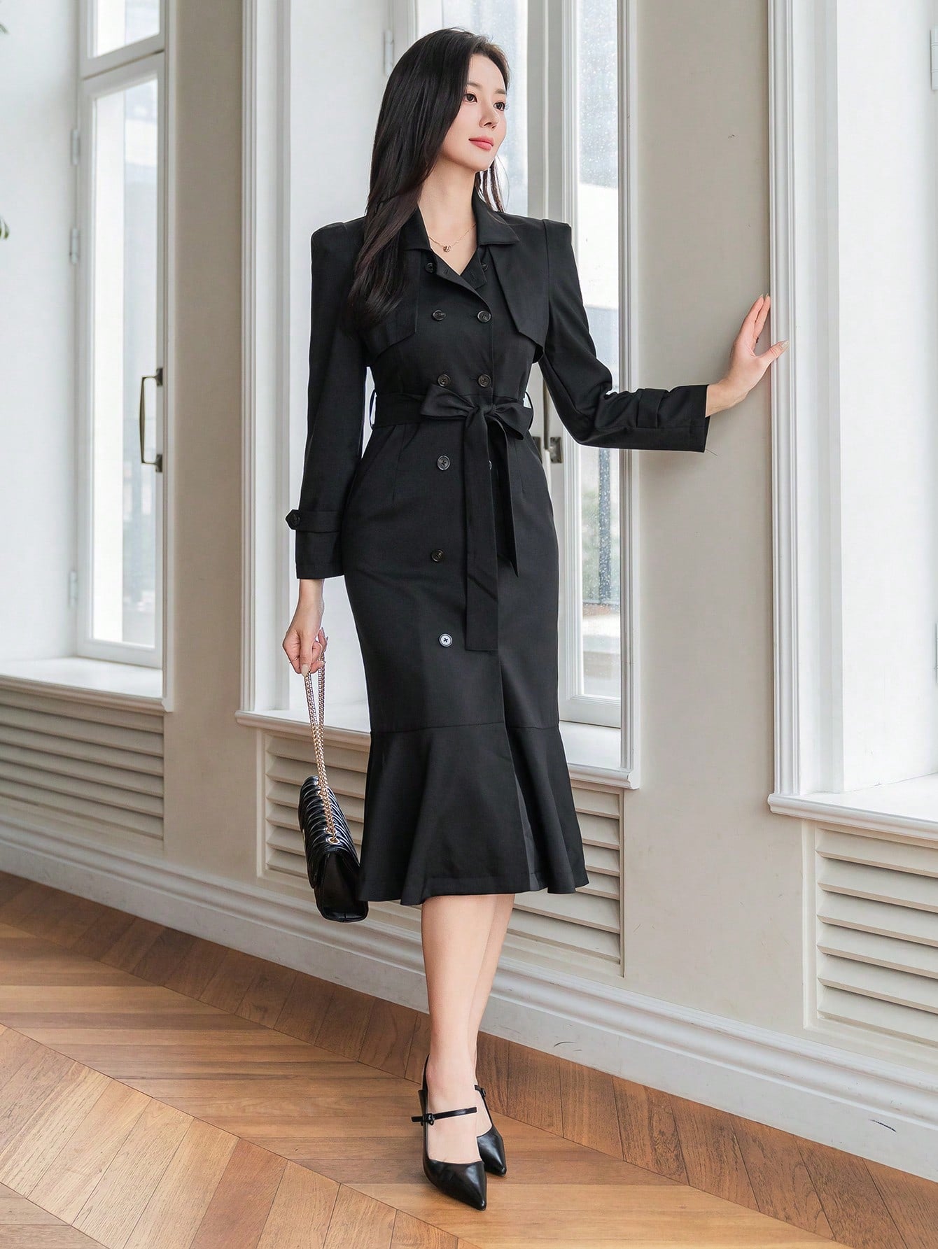 CM-DS555634 Women Elegant Seoul Style Long Sleeve Waist Tie Windbreaker Dress - Black