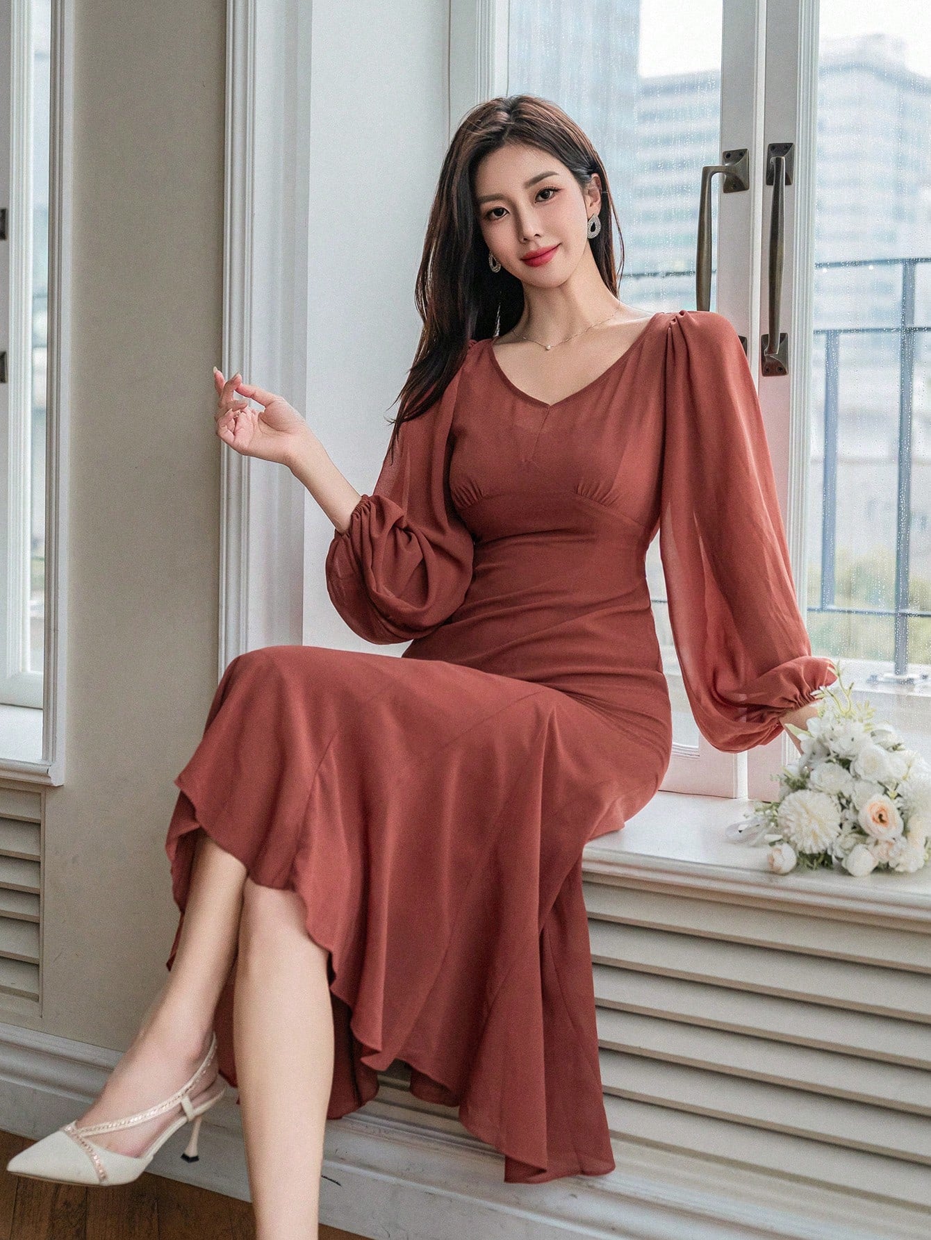 CM-DS634194 Women Elegant Seoul Style Solid Color V-Neck Mermaid Dress - Burnt Orange