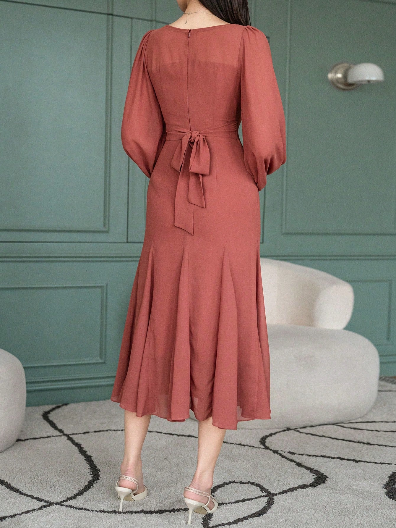 CM-DS634194 Women Elegant Seoul Style Solid Color V-Neck Mermaid Dress - Burnt Orange