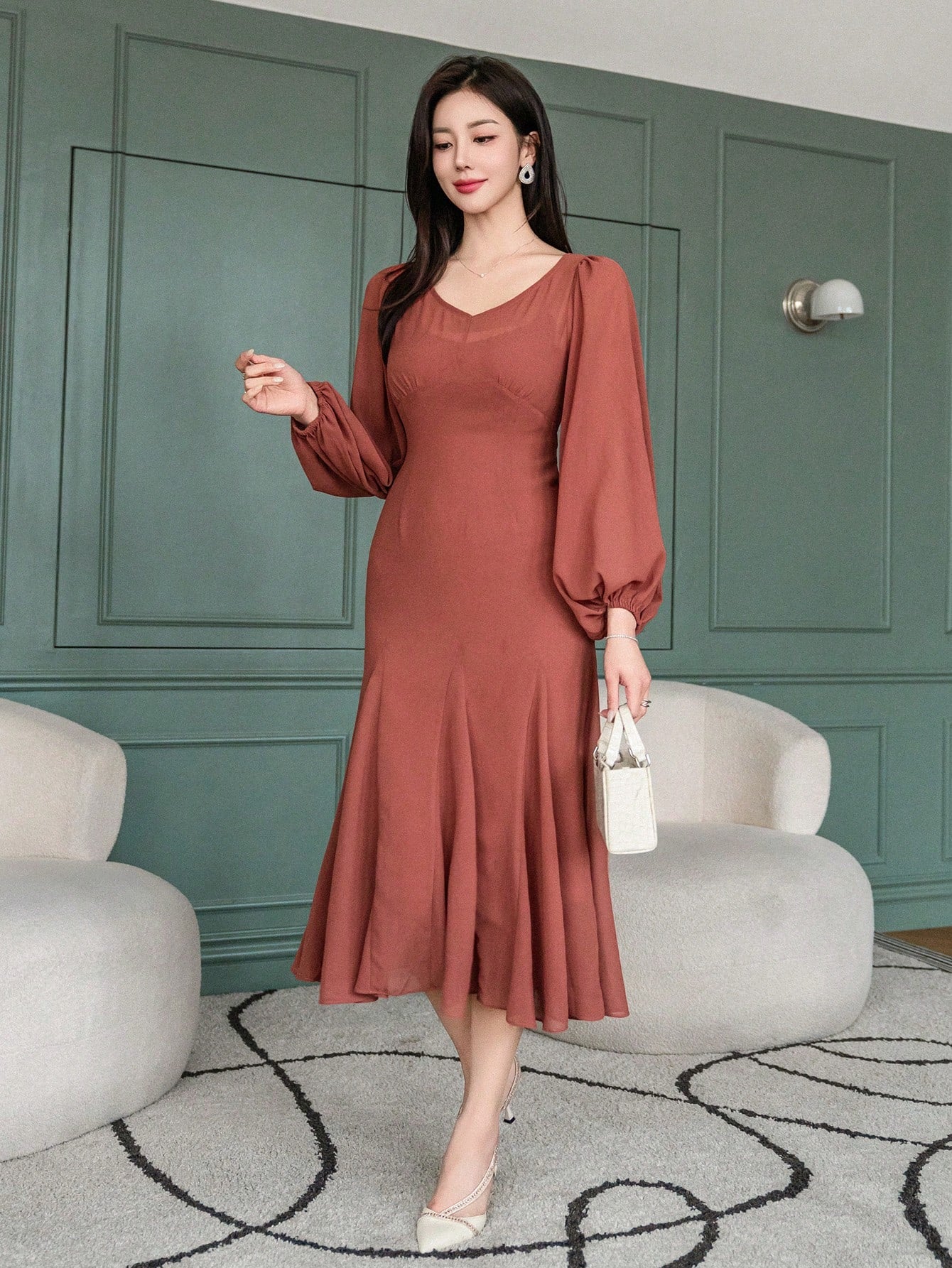 CM-DS634194 Women Elegant Seoul Style Solid Color V-Neck Mermaid Dress - Burnt Orange
