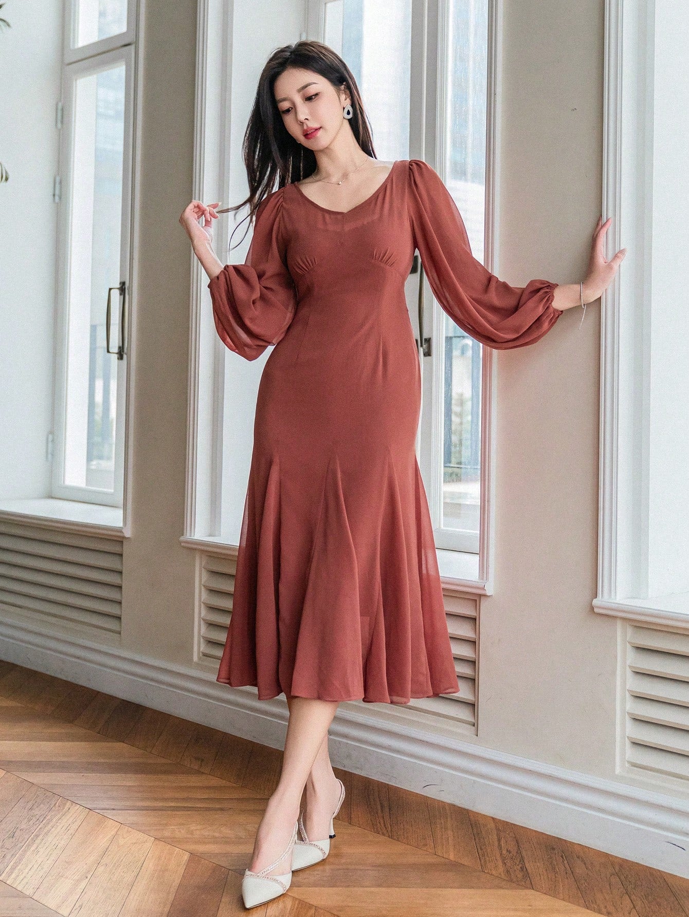 CM-DS634194 Women Elegant Seoul Style Solid Color V-Neck Mermaid Dress - Burnt Orange