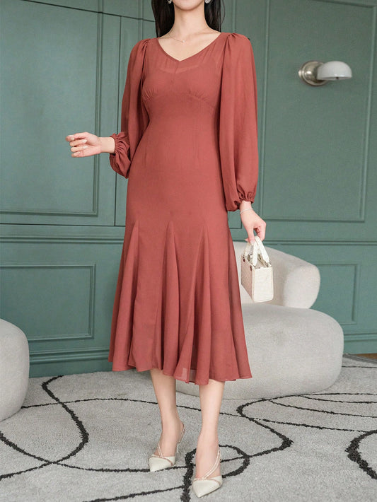 CM-DS634194 Women Elegant Seoul Style Solid Color V-Neck Mermaid Dress - Burnt Orange