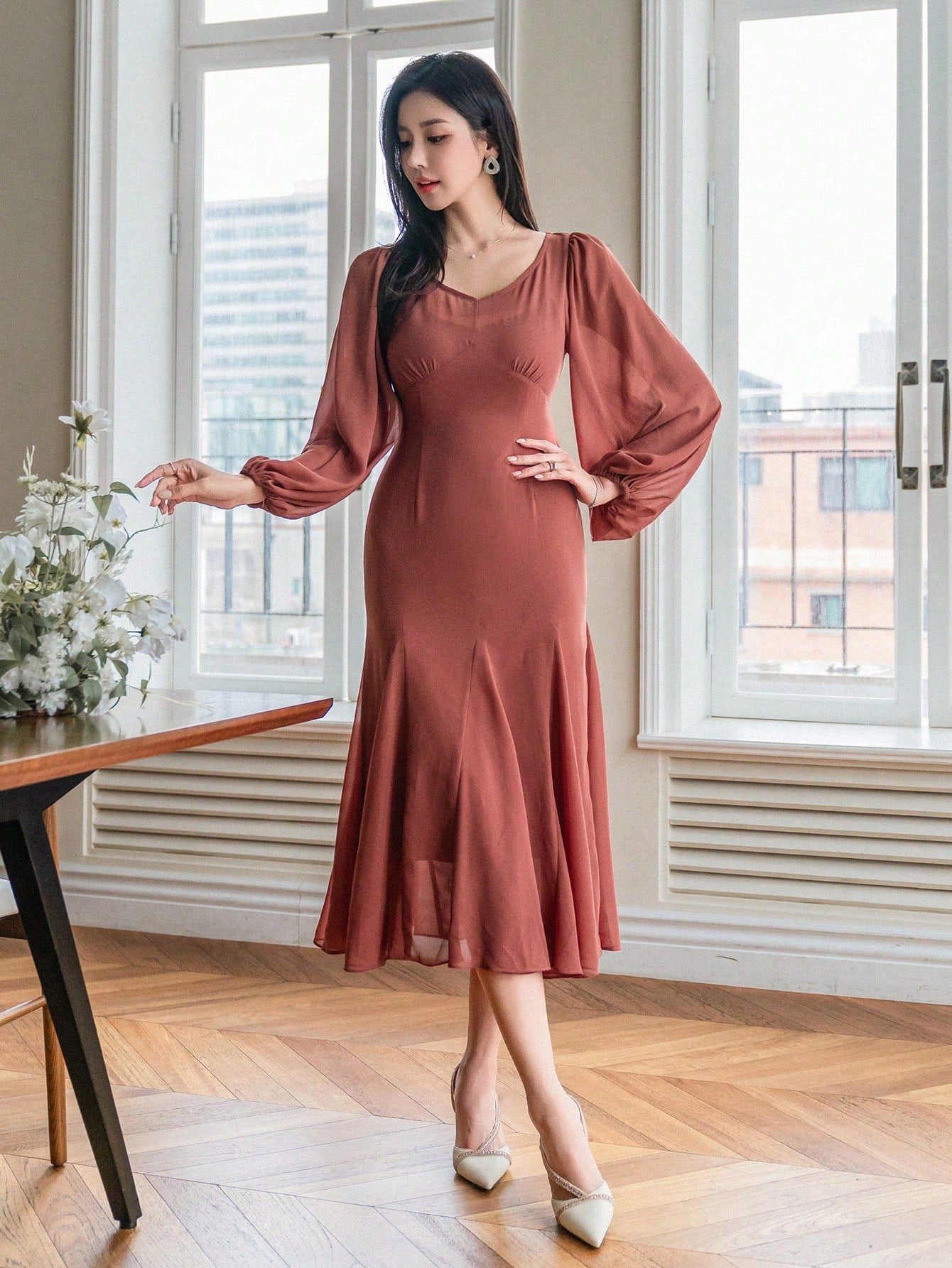 CM-DS634194 Women Elegant Seoul Style Solid Color V-Neck Mermaid Dress - Burnt Orange