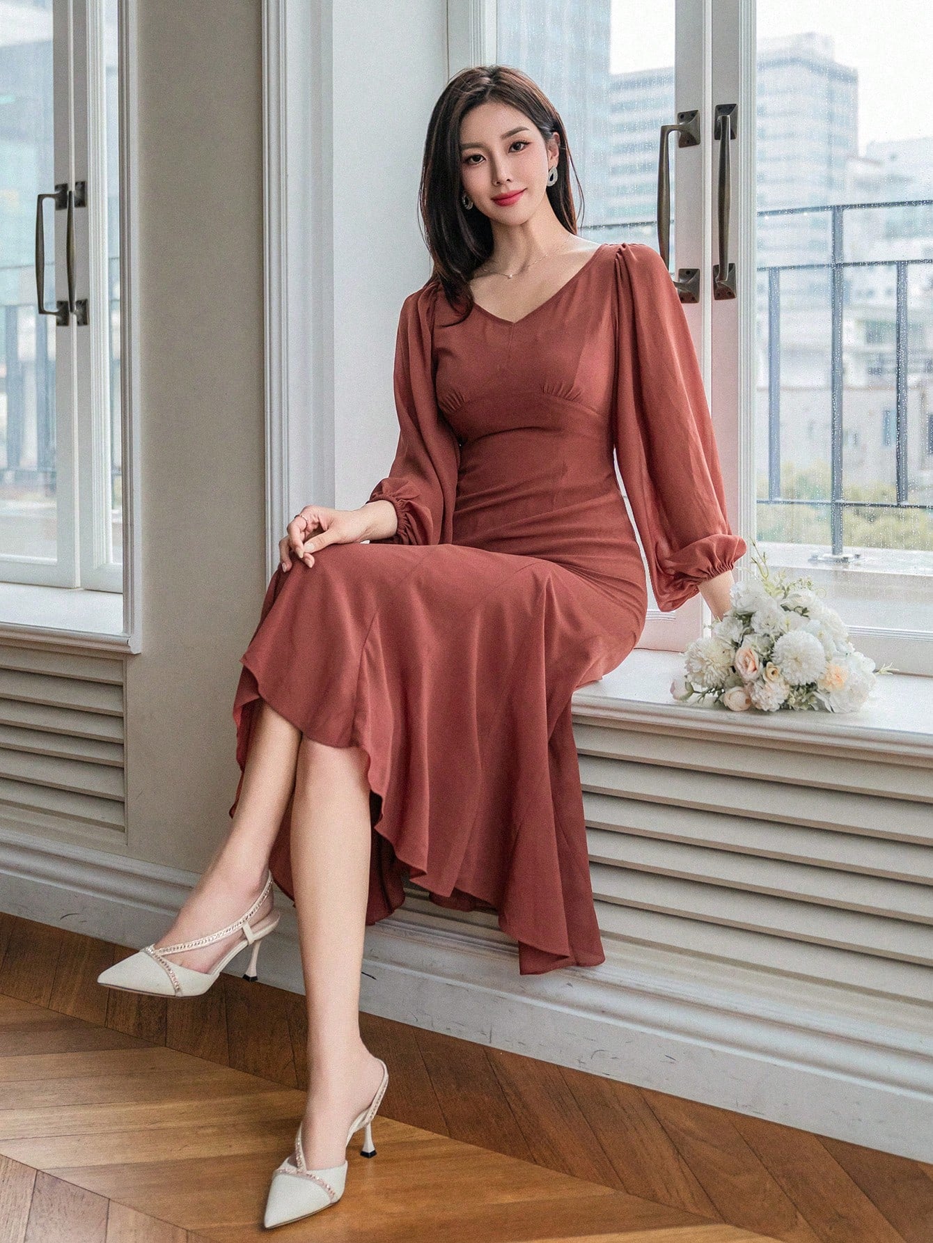 CM-DS634194 Women Elegant Seoul Style Solid Color V-Neck Mermaid Dress - Burnt Orange