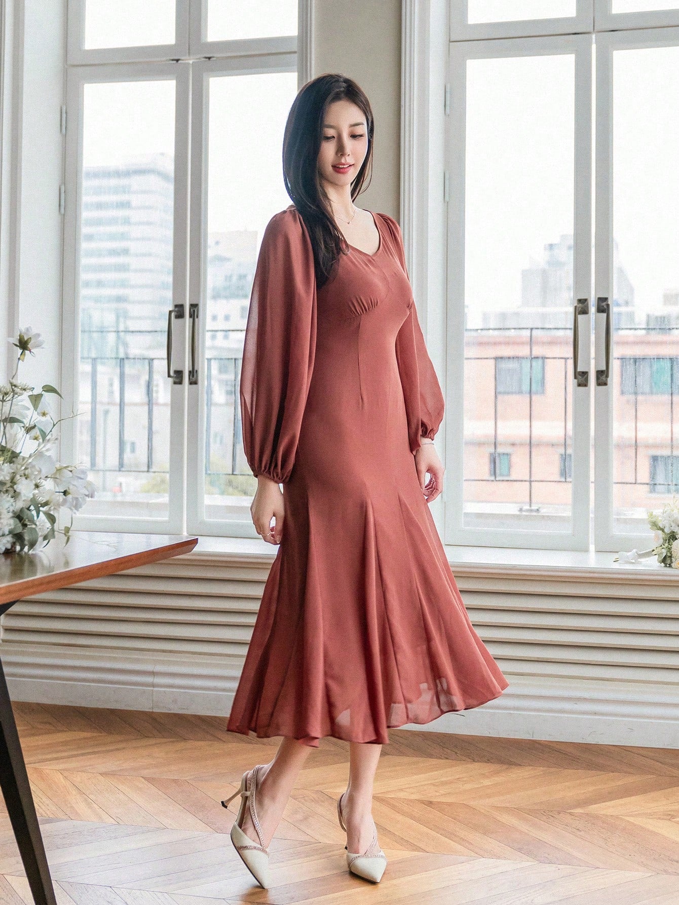 CM-DS634194 Women Elegant Seoul Style Solid Color V-Neck Mermaid Dress - Burnt Orange