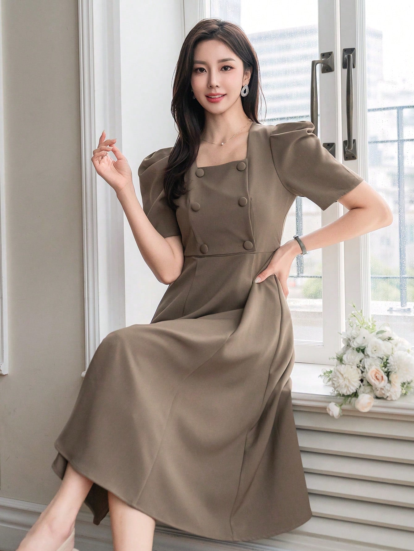 CM-DS428801 Women Elegant Seoul Style Solid Color Puff Sleeve Square Neck Dress - Khaki