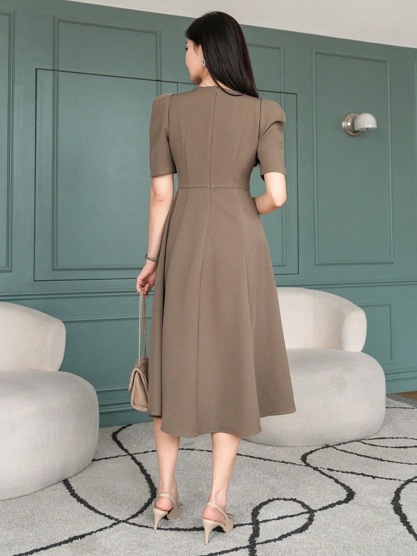 CM-DS428801 Women Elegant Seoul Style Solid Color Puff Sleeve Square Neck Dress - Khaki