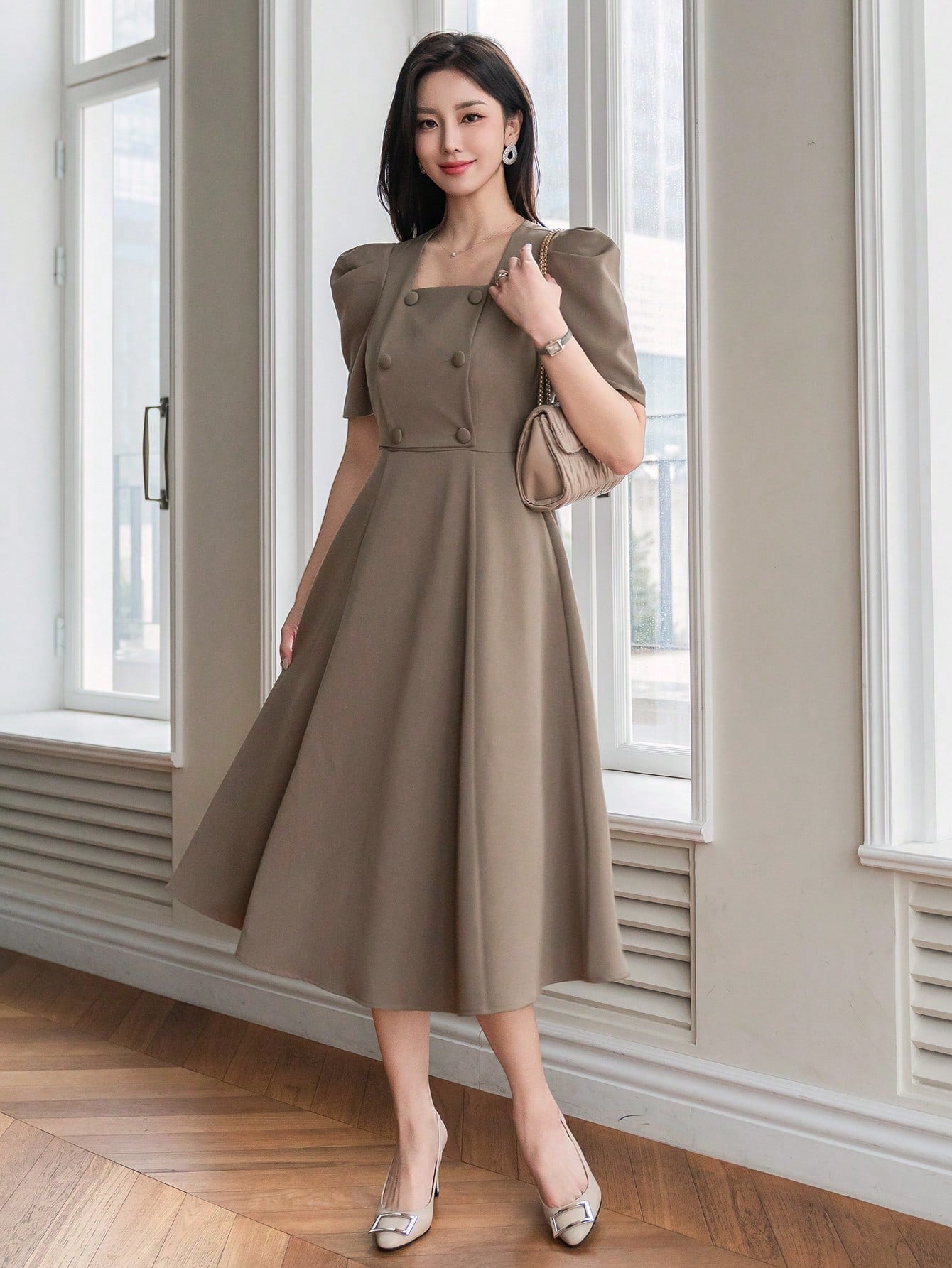CM-DS428801 Women Elegant Seoul Style Solid Color Puff Sleeve Square Neck Dress - Khaki