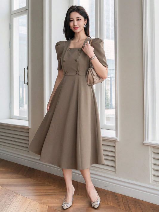 CM-DS428801 Women Elegant Seoul Style Solid Color Puff Sleeve Square Neck Dress - Khaki
