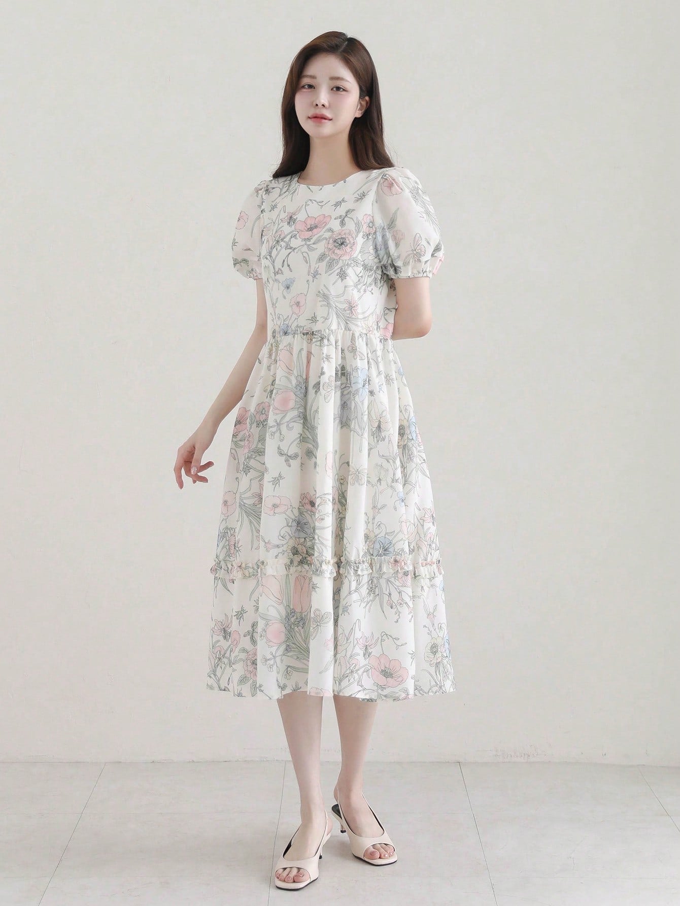 CM-DS734942 Women Elegant Seoul Style Ditsy Floral Round Neck Short Sleeve Midi Dress