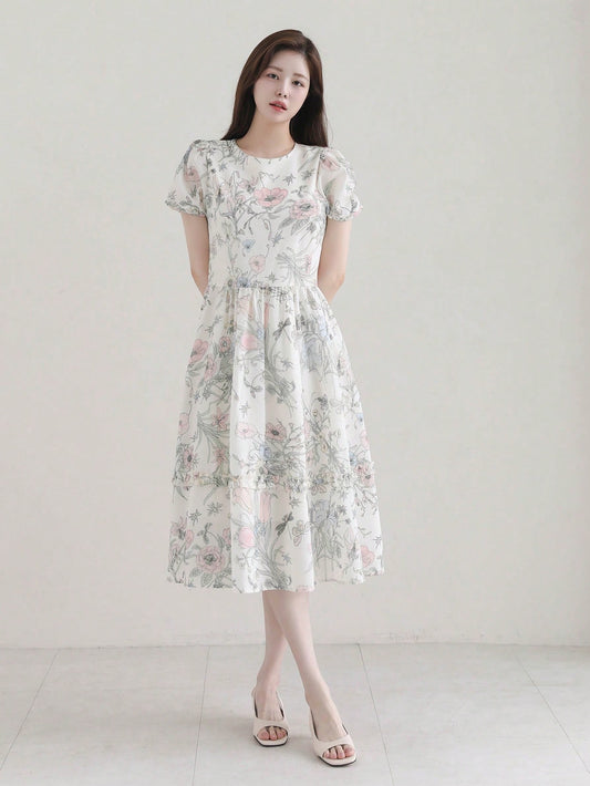 CM-DS734942 Women Elegant Seoul Style Ditsy Floral Round Neck Short Sleeve Midi Dress