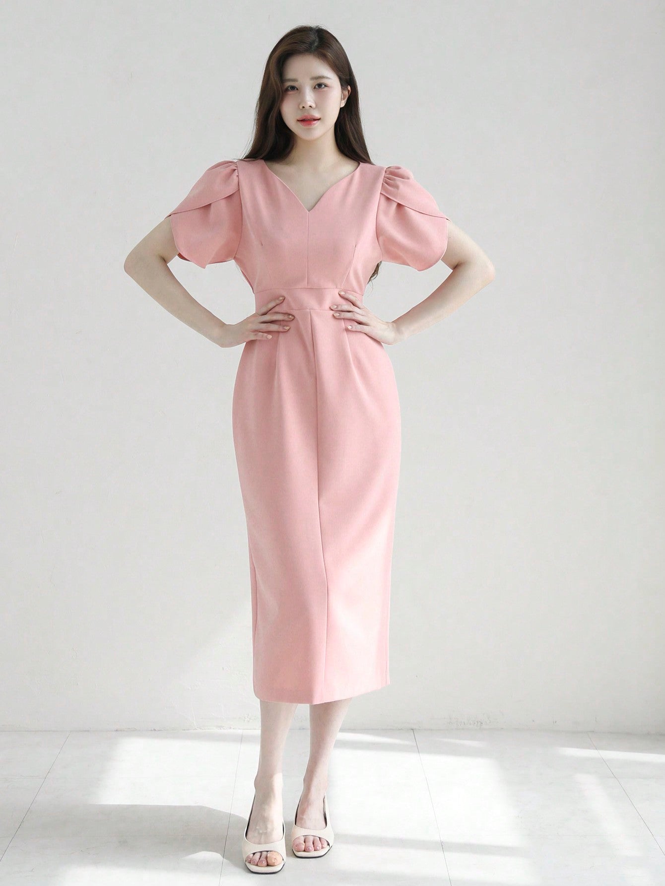 CM-DS220442 Women Elegant Seoul Style V-Neck Solid Color Petal Sleeve Midi Dress - Light Pink