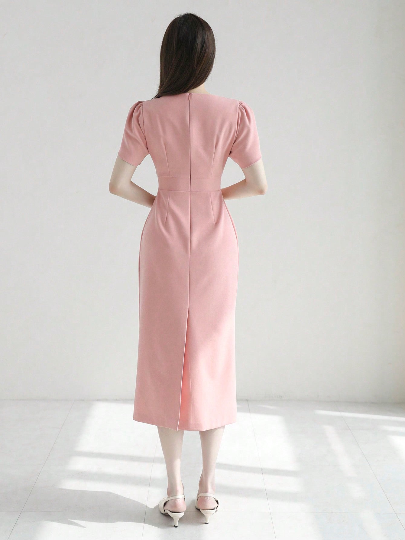 CM-DS220442 Women Elegant Seoul Style V-Neck Solid Color Petal Sleeve Midi Dress - Light Pink