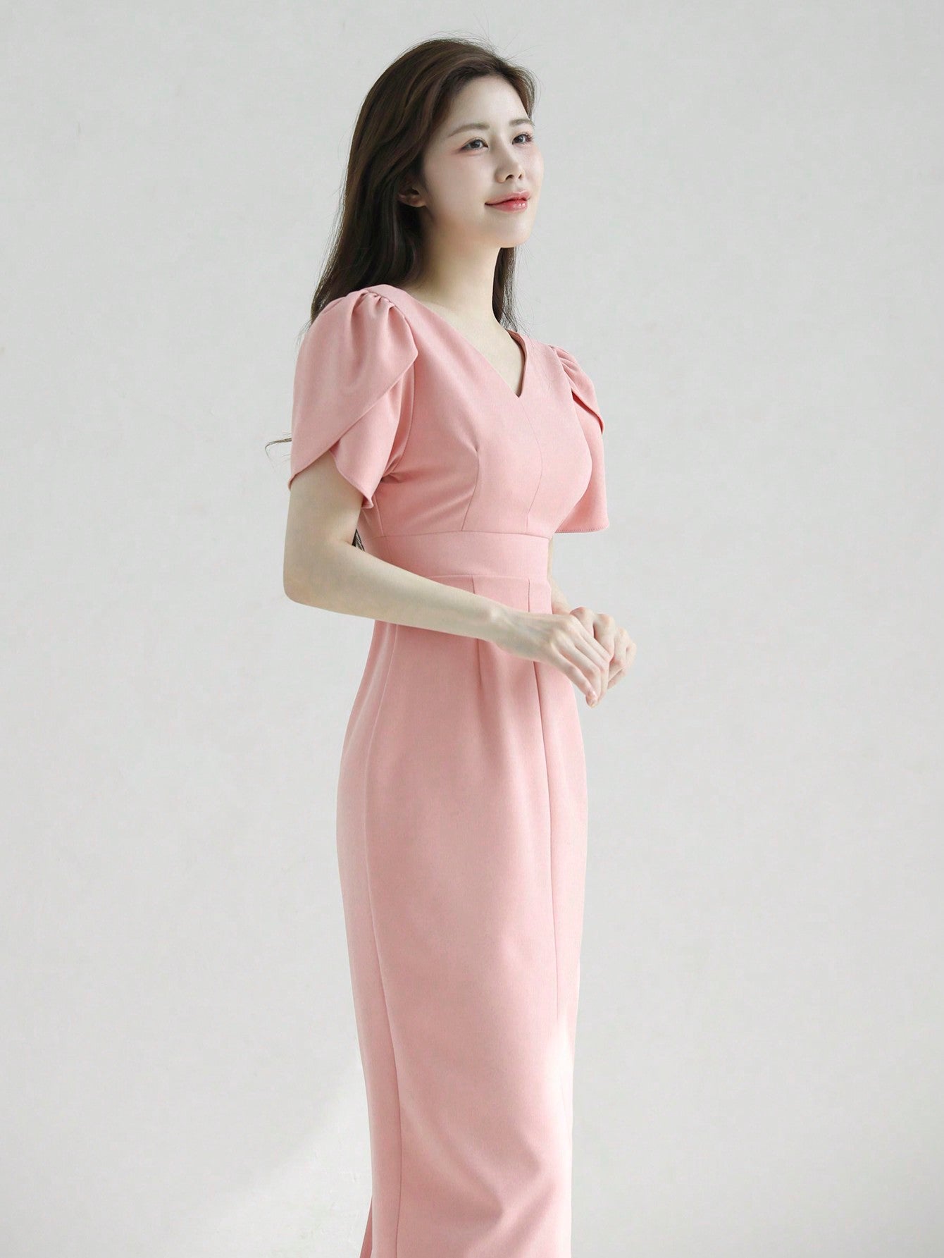 CM-DS220442 Women Elegant Seoul Style V-Neck Solid Color Petal Sleeve Midi Dress - Light Pink